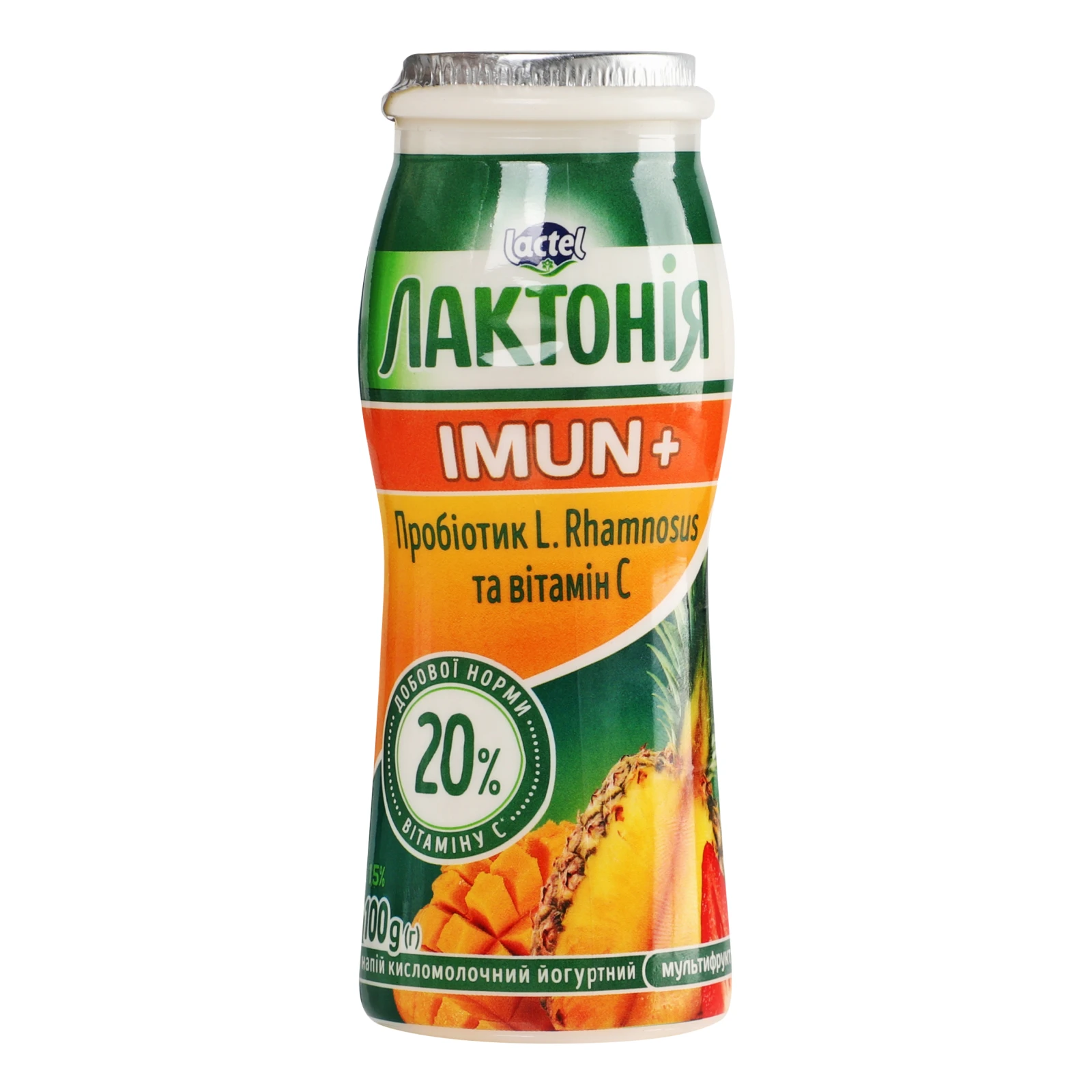 Напій кисломолочний Лактонія Imun+ йогуртний збагачений пробіотиком та вітаміном С Мультифрукт 1.5% 100г Фото №:1