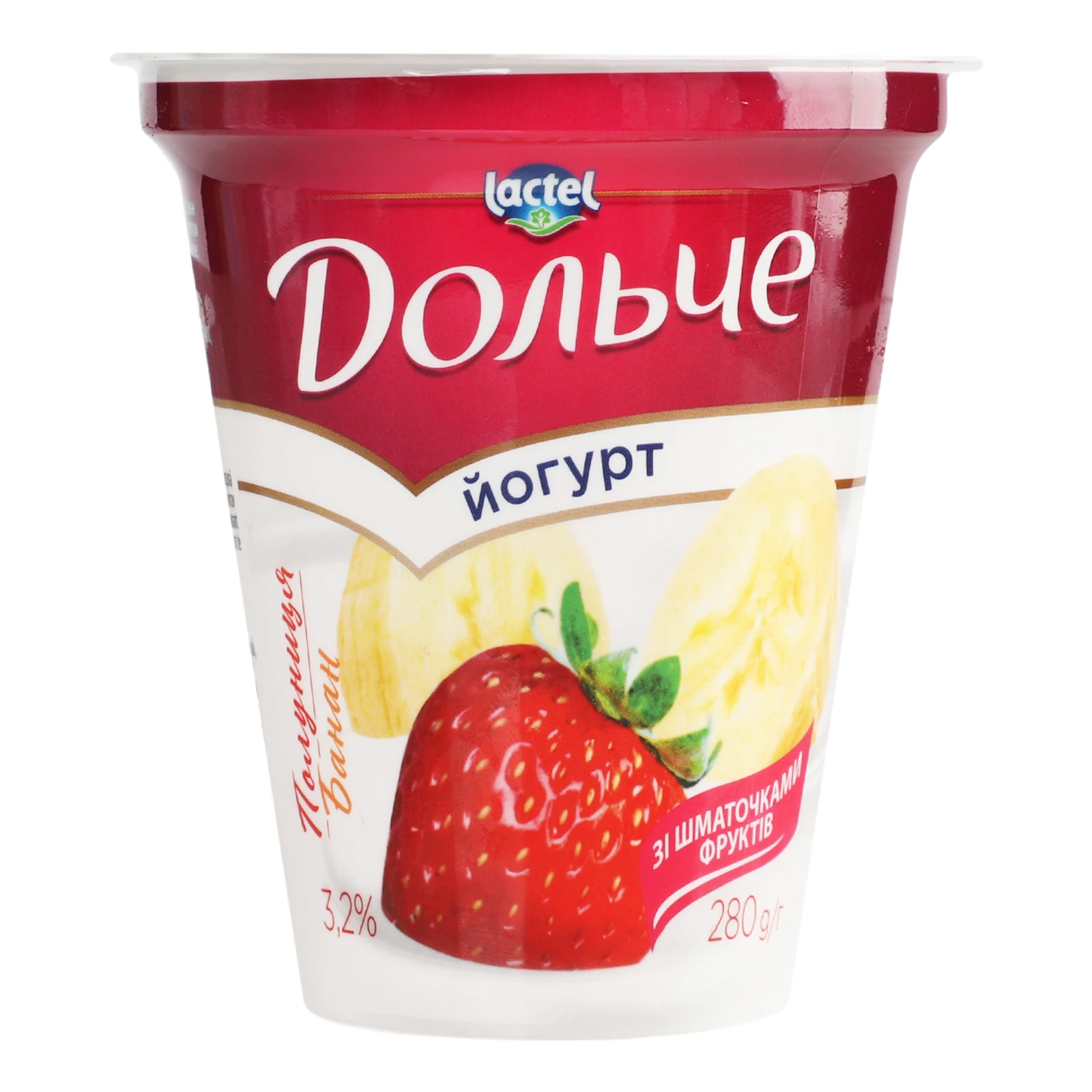 Йогурт Дольче зі шматочками фруктів Полуниця-банан 3.2% 280г Фото №:1
