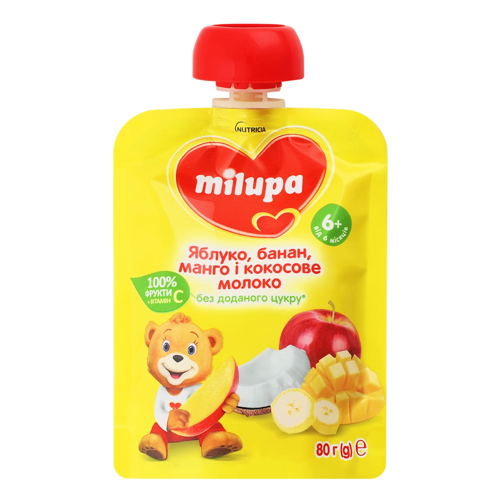Пюре Milupa фруктове Яблуко-банан-манго-кокос для дітей від 6-ти місяців 80г Фото №:1
