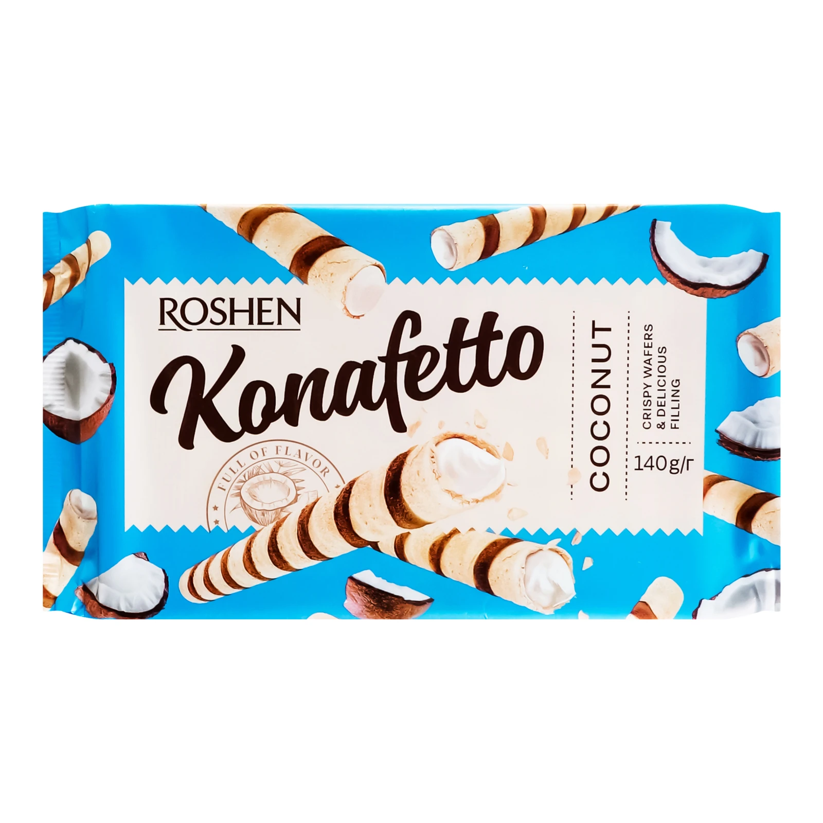 Трубочки вафельні Roshen Konafetto з кокосовою начинкою 140г Фото навігації №:1