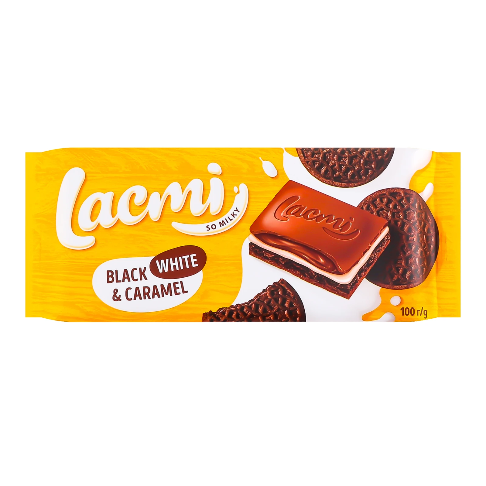 Шоколад Roshen Lacmi Black, White&Caramel молочний з молочною начинкою, карамеллю, печивом та какао 100г Фото №:1