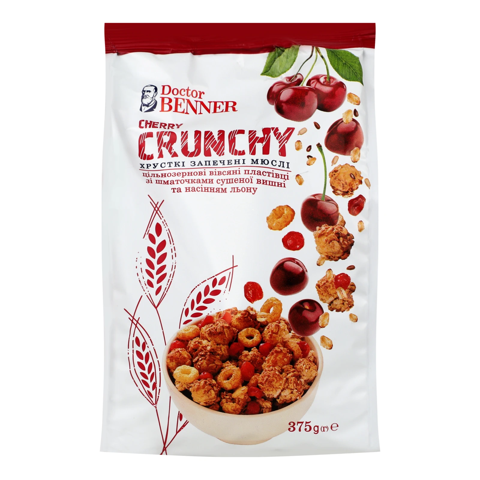 Мюслі Doctor Benner Кранчі хрусткі запечені зі шматочками сушеної вишні та насінням льону 375г Фото №:1