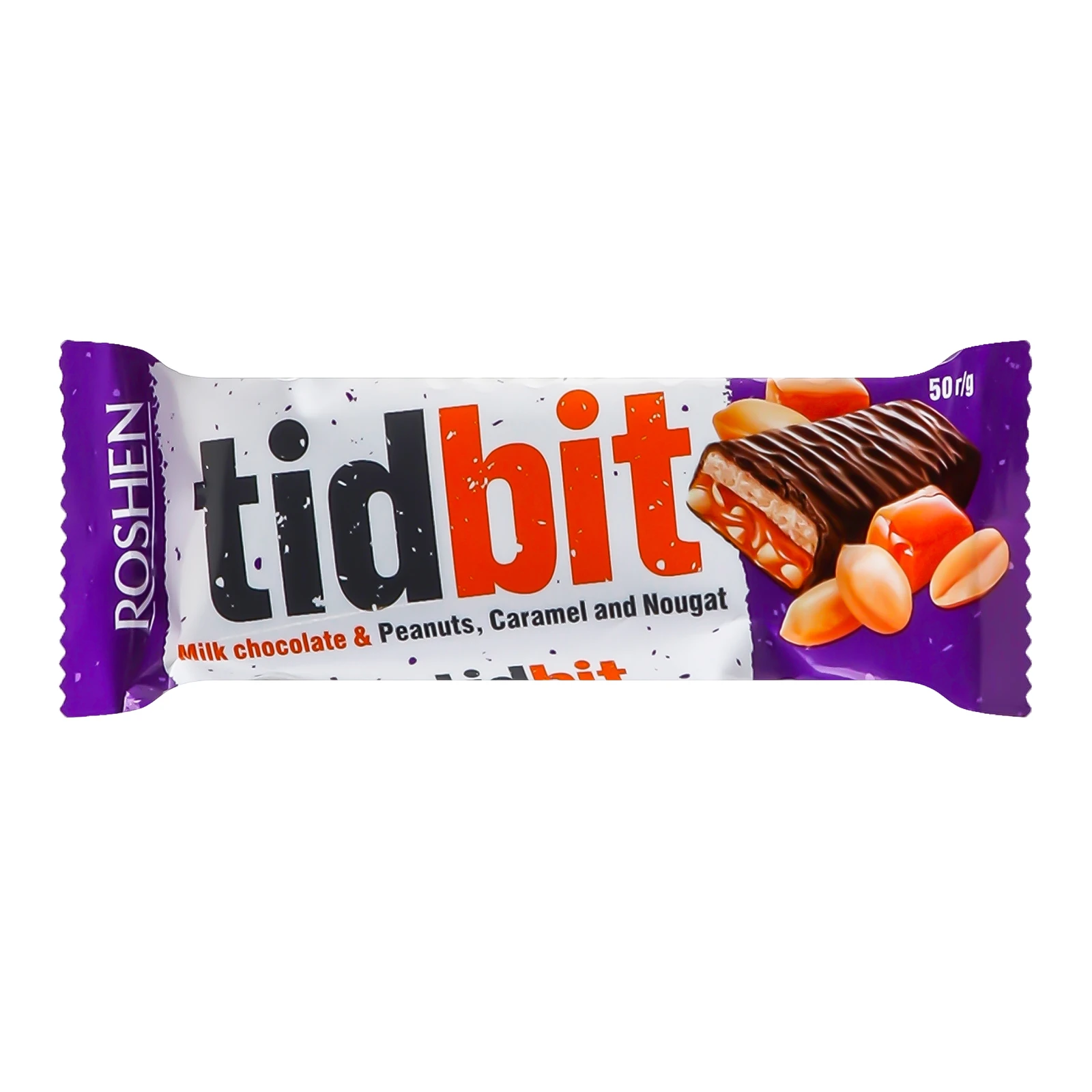 Шоколад Roshen Tidbit з нугою та м'якою карамеллю з арахісом молочний 50г Фото №:1