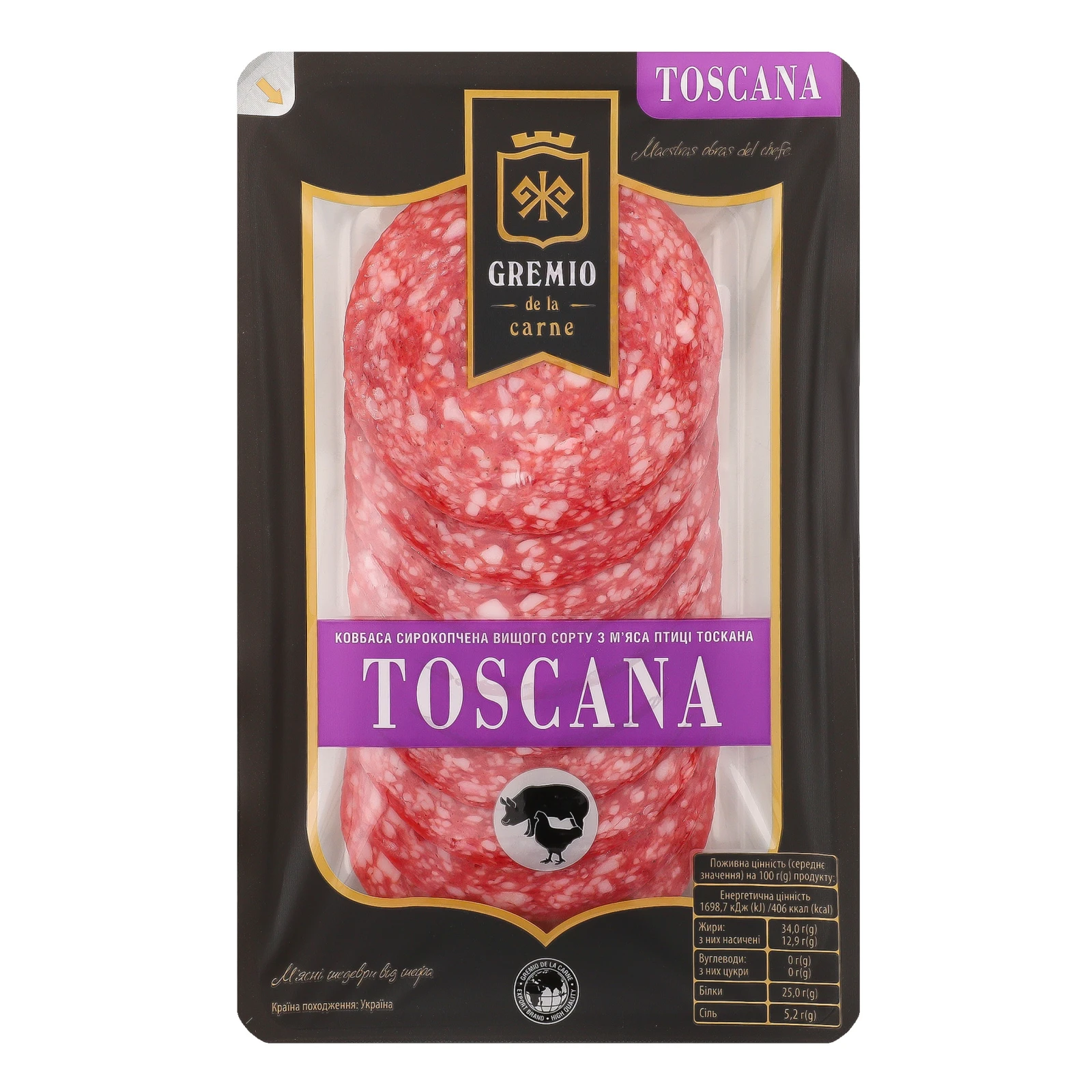 Ковбаса Gremio de la carne Toscana з м'яса птиці сирокопчена 0.075кг Фото №:1