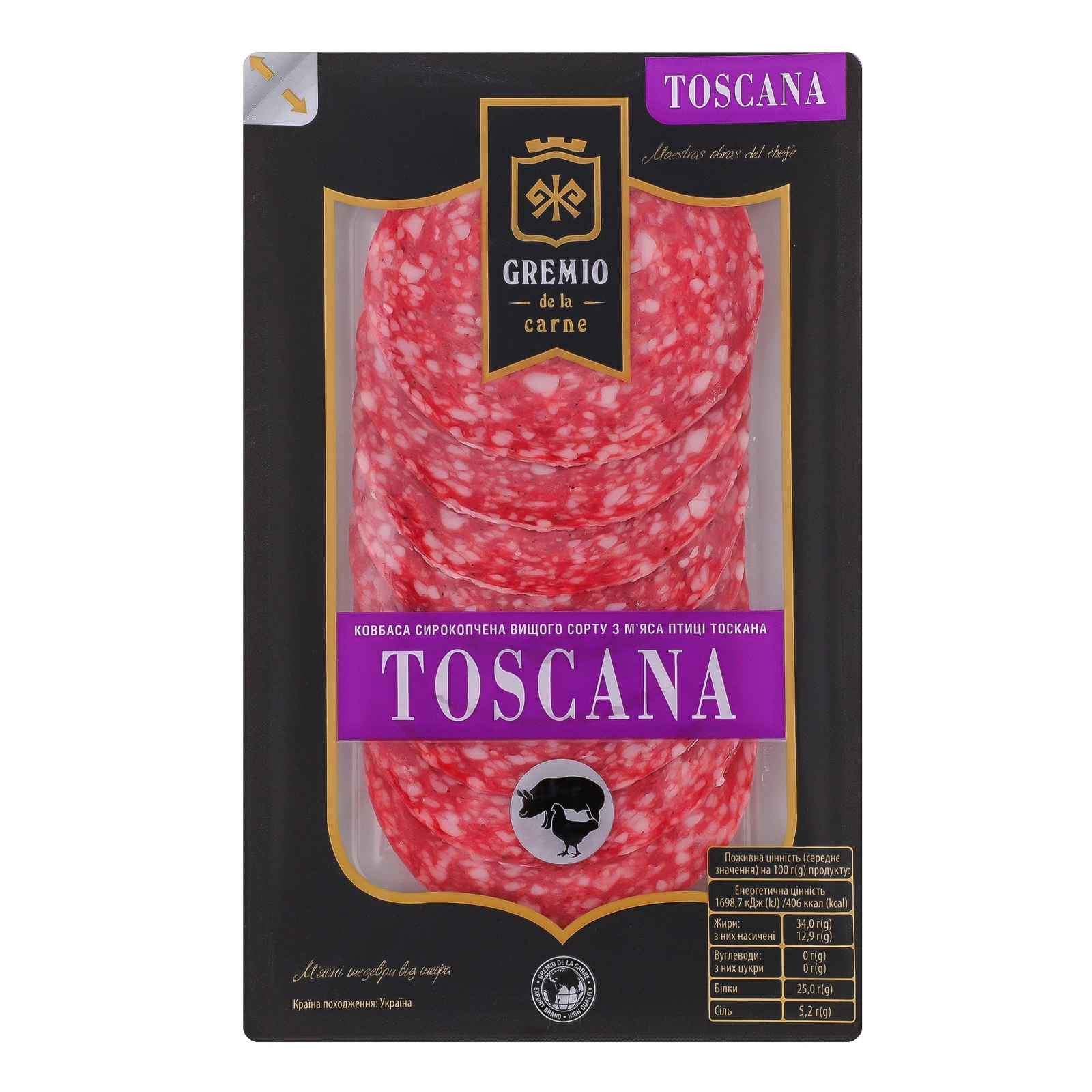 Ковбаса Gremio de la carne Тоскана з м'яса птиці сирокопчена вищий сорт нарізка 75г