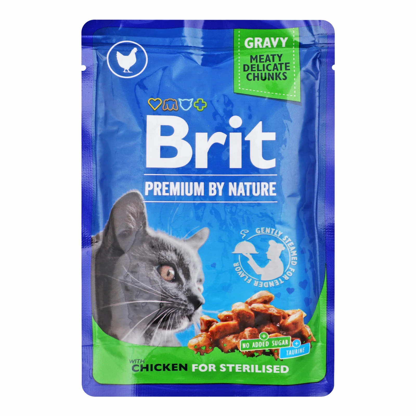 Корм для котів Brit Premium вологий повнораціонний для стерилізованих котів Шматочки курятини в соусі 100г Фото №:1