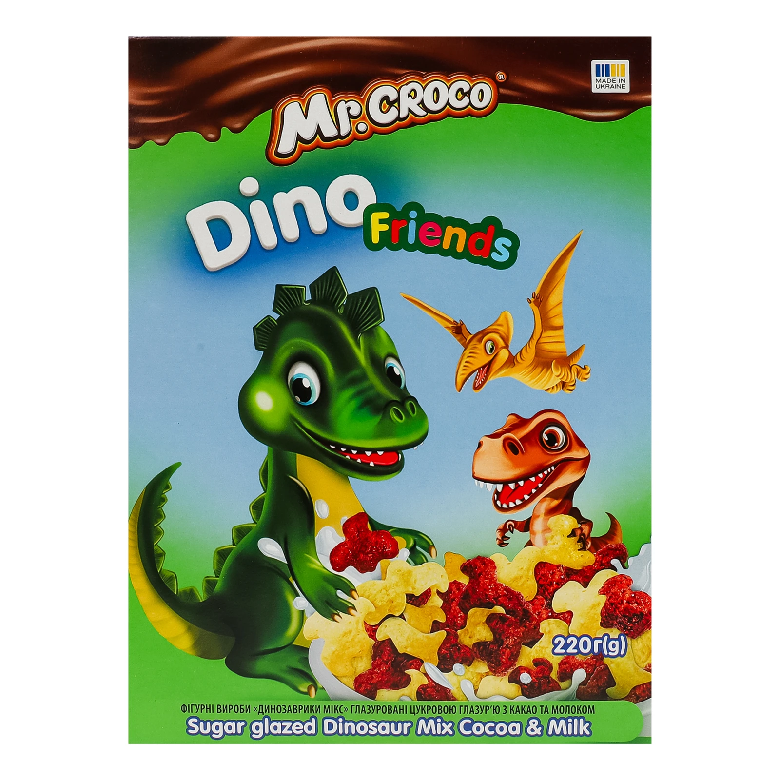 Сніданок сухий Mr. Croco Dino friends Динозаврики Мікс глазуровані цукровою глазур'ю з какао та молоком 220г Фото №:1
