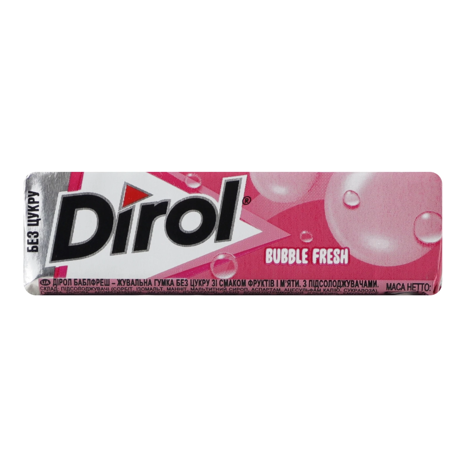 Гумка жувальна Dirol Bubble fresh зі смаком фруктів і м'яти без цукру 14г Фото №:1