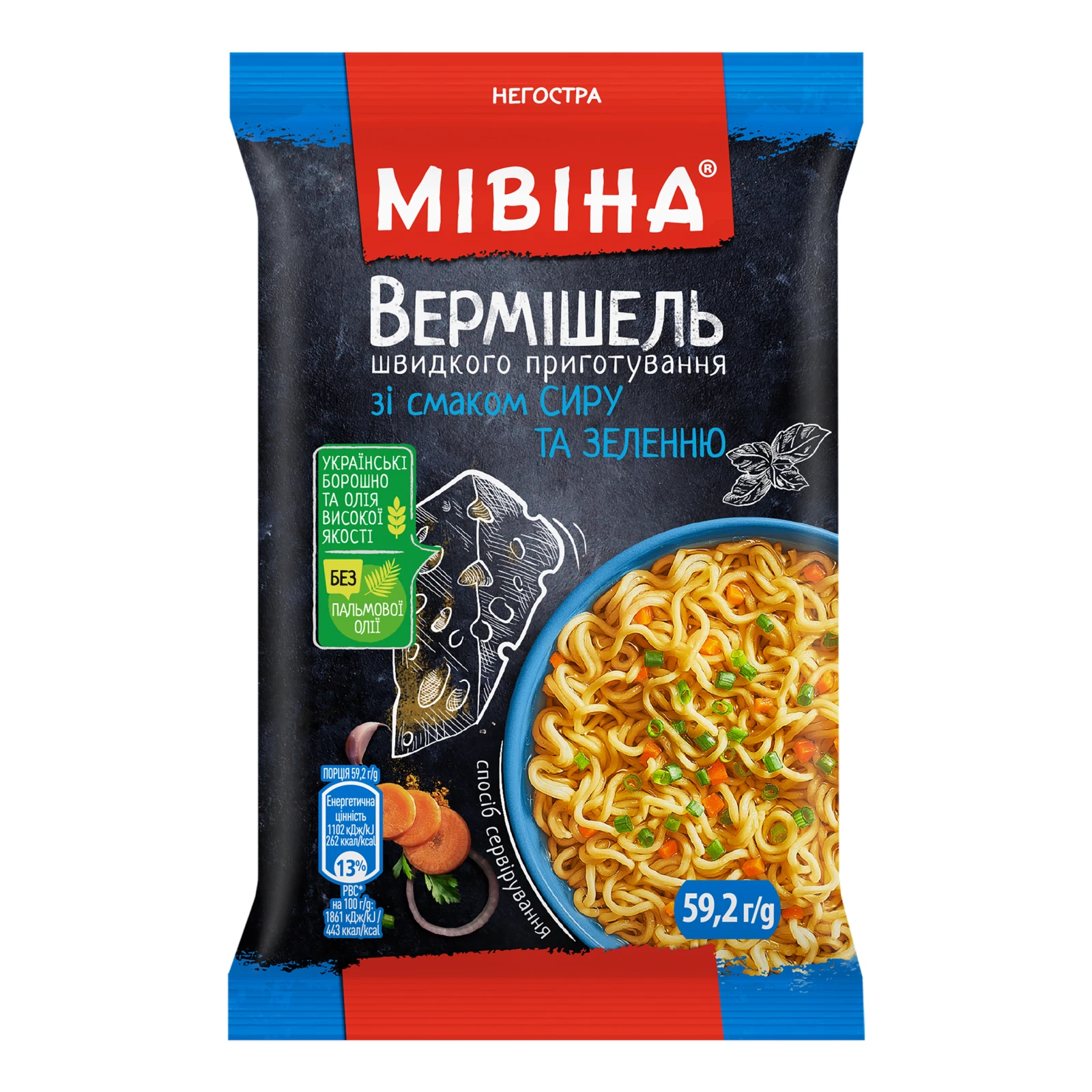Вермішель Мівіна швидкого приготування зі смаком сиру та зеленню негостра 59.2г Фото навігації №:1