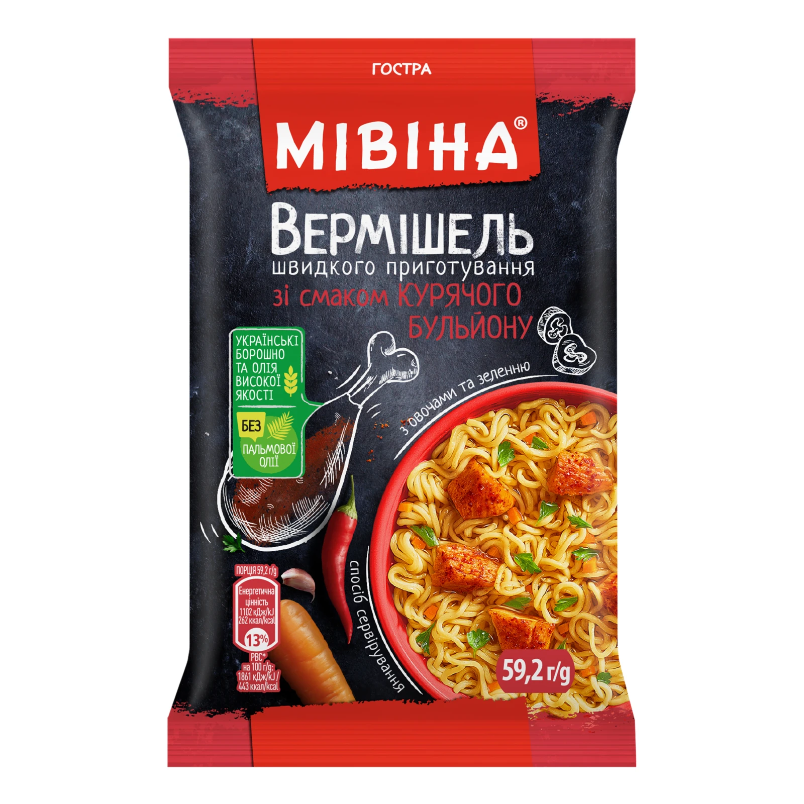 Вермішель Мівіна швидкого приготування зі смаком курячого бульйону з овочами та зеленню гостра 59.2г Фото №:1