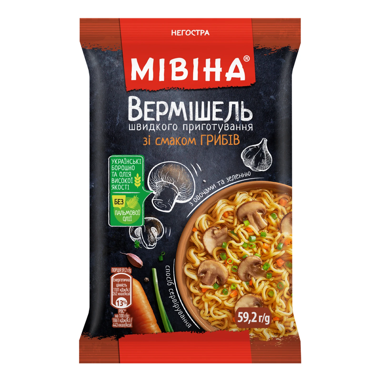 Вермішель Мівіна швидкого приготування зі смаком грибів з овочами та зеленню негостра 59.2г Фото навігації №:1