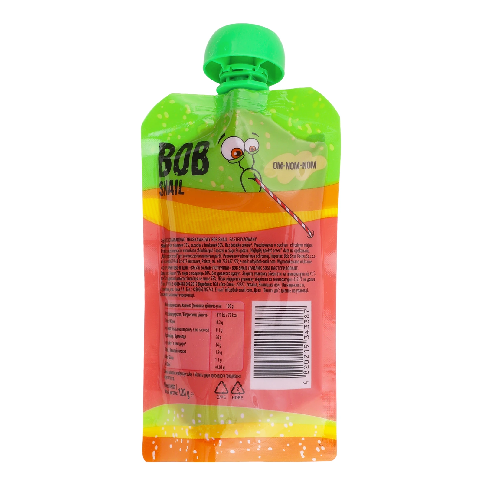 Пюре Bob Snail Смузі фруктово-ягідне пастеризоване Банан-полуниця 120г Фото №:2