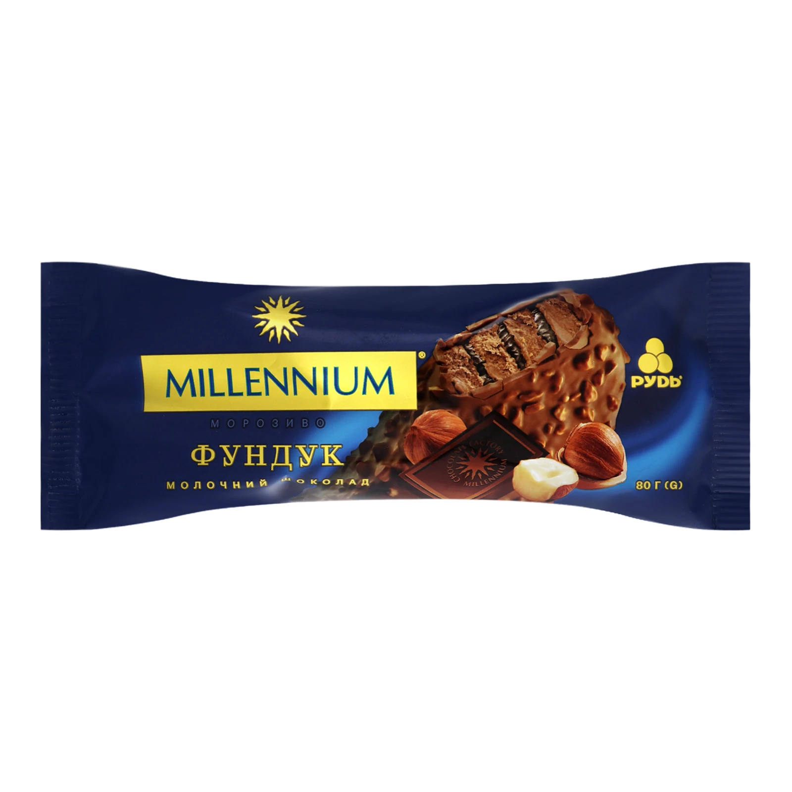 Морозиво Рудь Millennium вершкове Молочний шоколад-фундук 80г