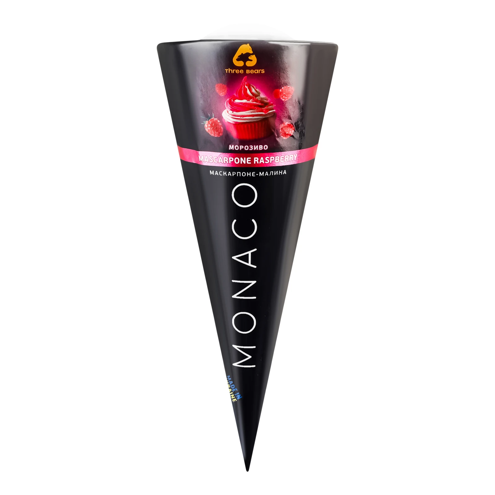Морозиво Three bears Monaco маскарпоне-малина у вафельному цукровому ріжку 100г Фото №:1