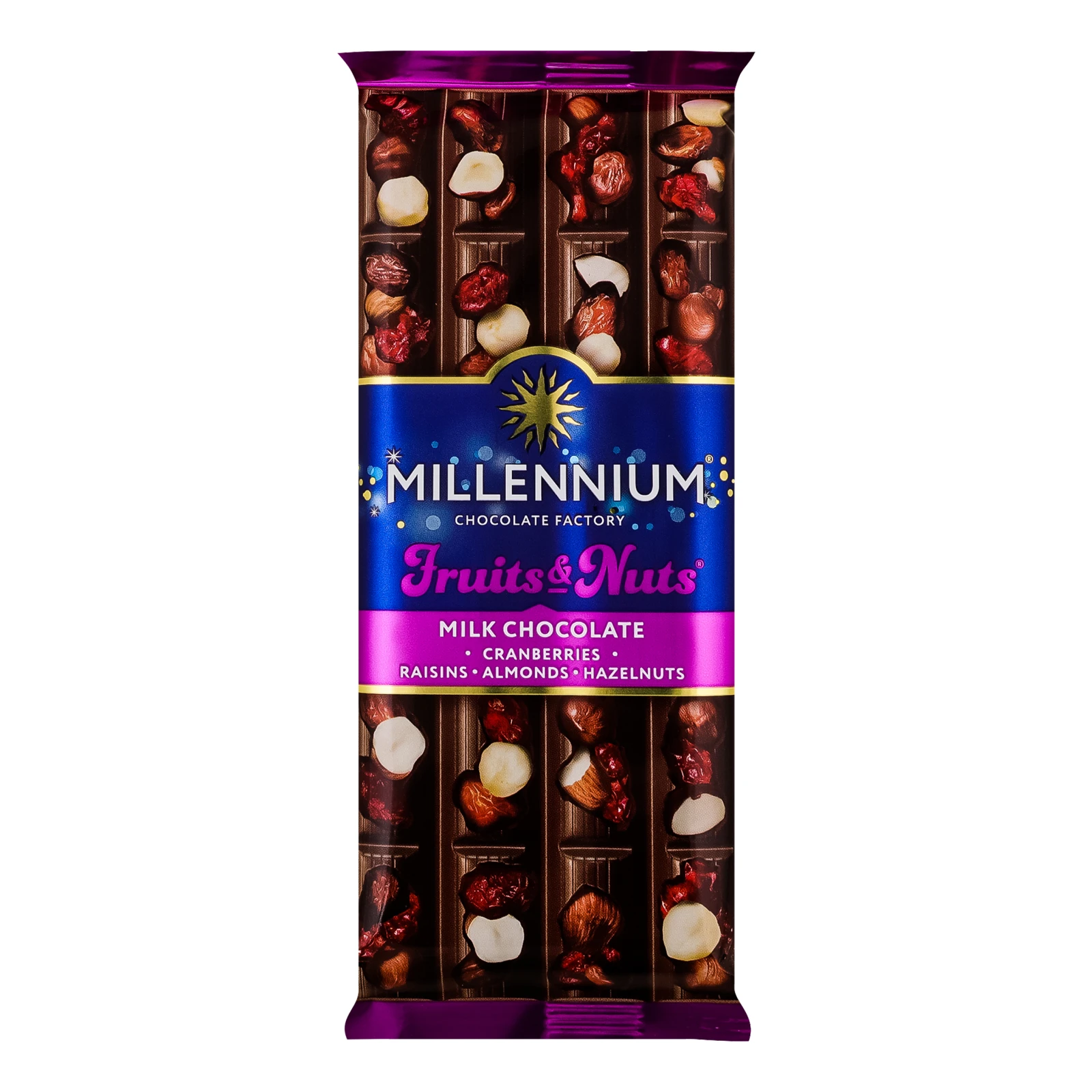Шоколад Millennium Fruits&Nuts молочний з мигдалем, цілими лісовими горіхами, журавлиною та родзинками 90г