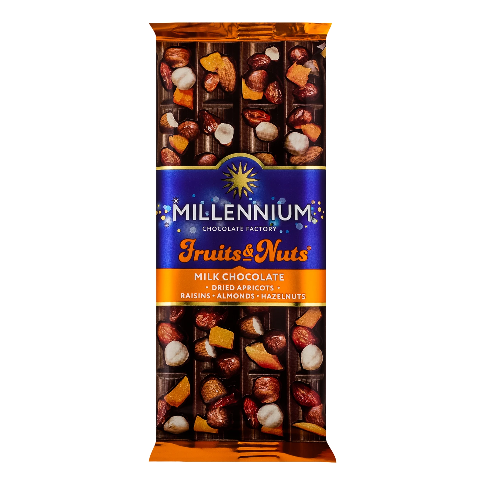 Шоколад Millennium Fruits&Nuts молочний з мигдалем цілими лісовими горіхами курагою та родзинками 90г Фото навігації №:1