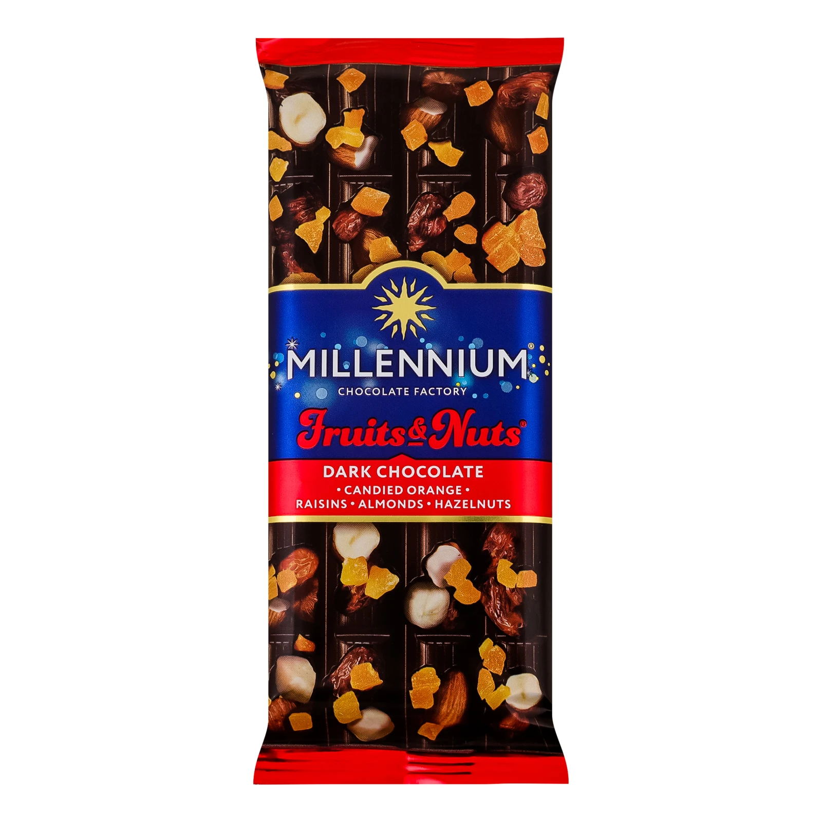 Шоколад Millennium Fruits&Nuts чорний з мигдалем, цілими лісовими горіхами, апельсиновими цукатами та родзинками 90г Фото №:1