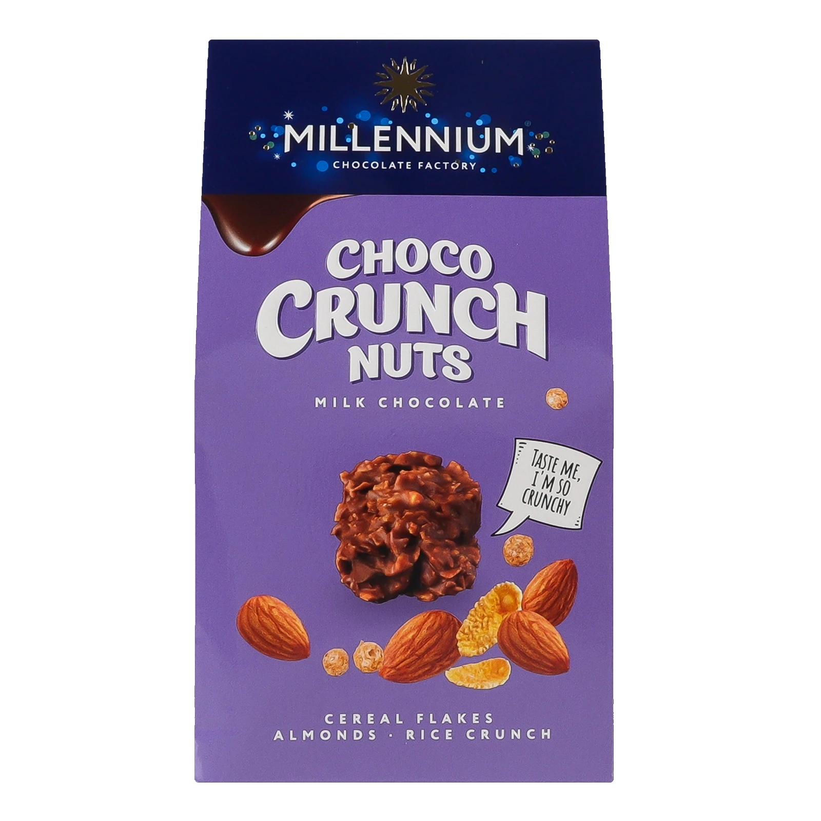 Цукерки Millennium шоколадні Choco crunch молочні з мигдалем, злаковими пластівцями та рисовими кульками 100г Фото №:1