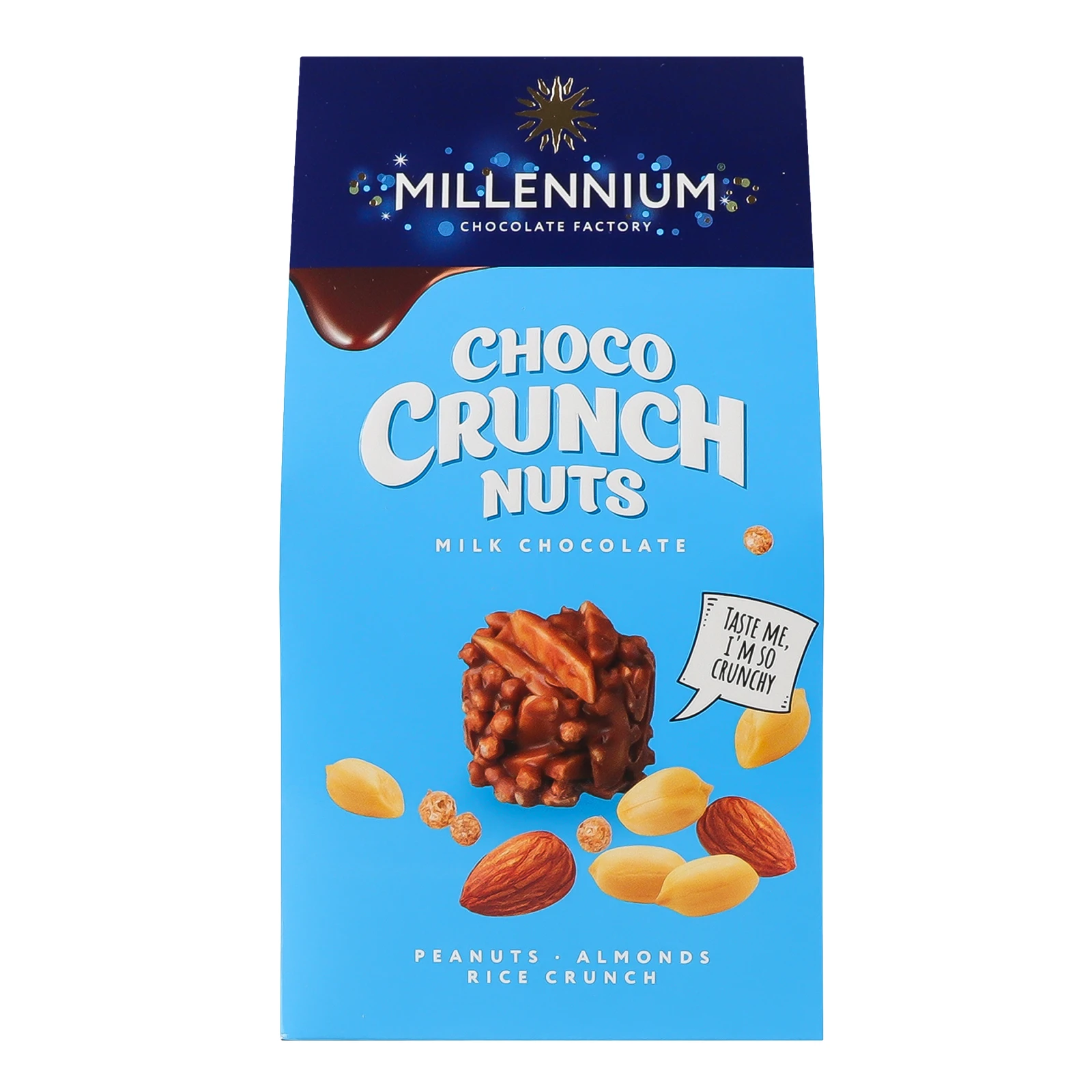 Цукерки Millennium Choco Crunch шоколадні молочні з арахісом, мигдалем та рисовими кульками 100г