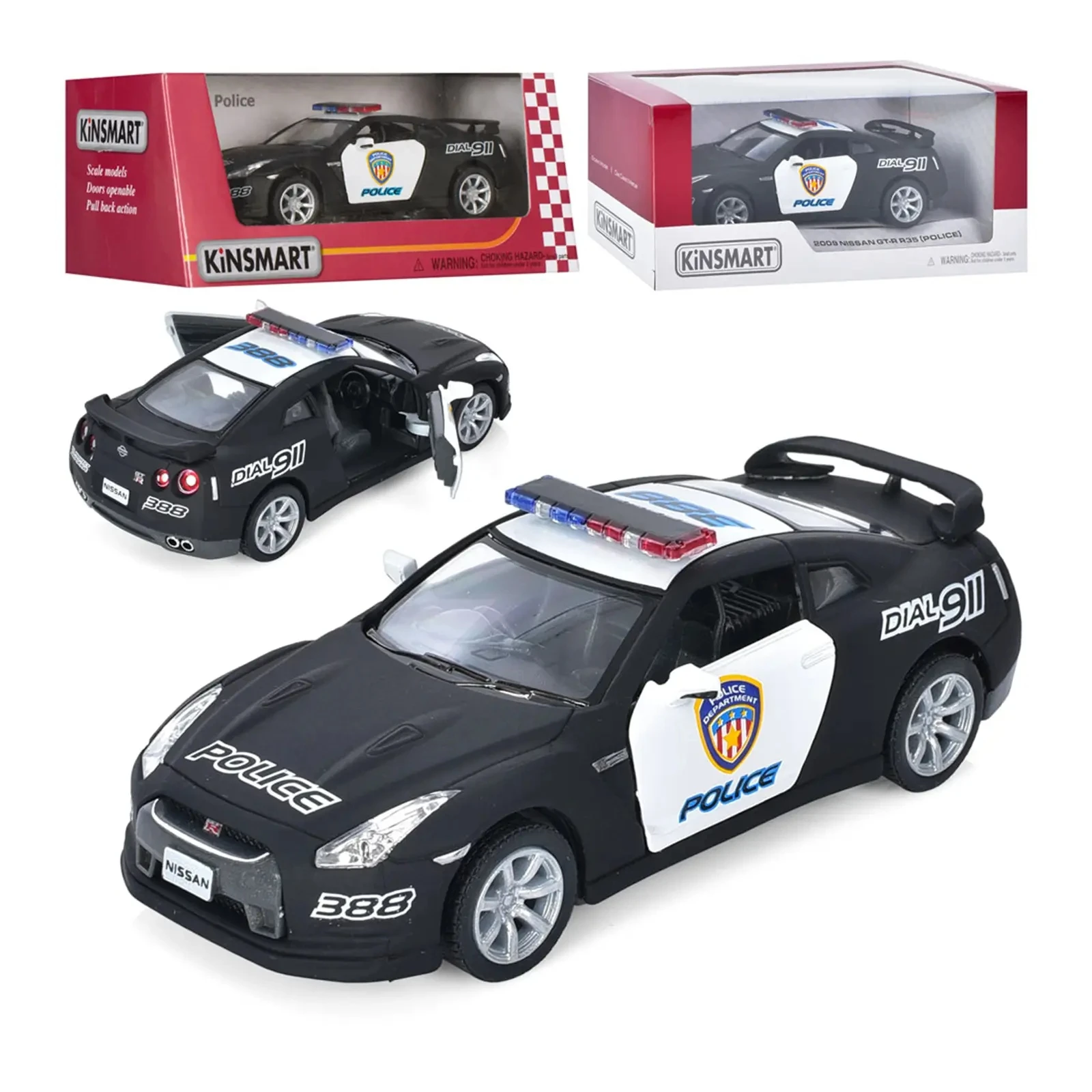 Машинка Kinsmart металева інерційна Nissan GT-R R35 (Police) 2009 1:36, гумові колеса, двері відчиняються KT5340WP Фото №:1