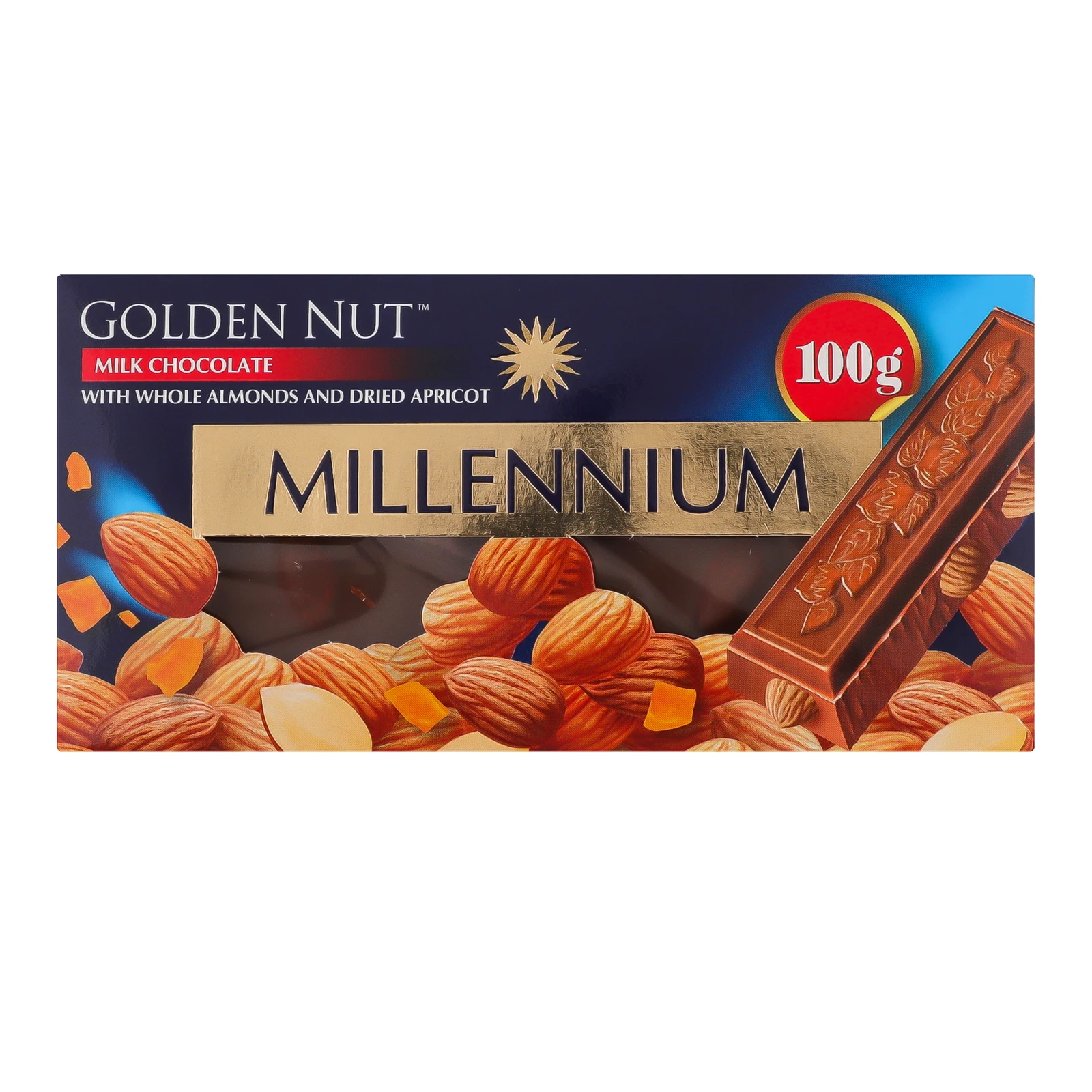 Шоколад Millennium Golden Nut молочний з цілим мигдалем та курагою 100г Фото №:1