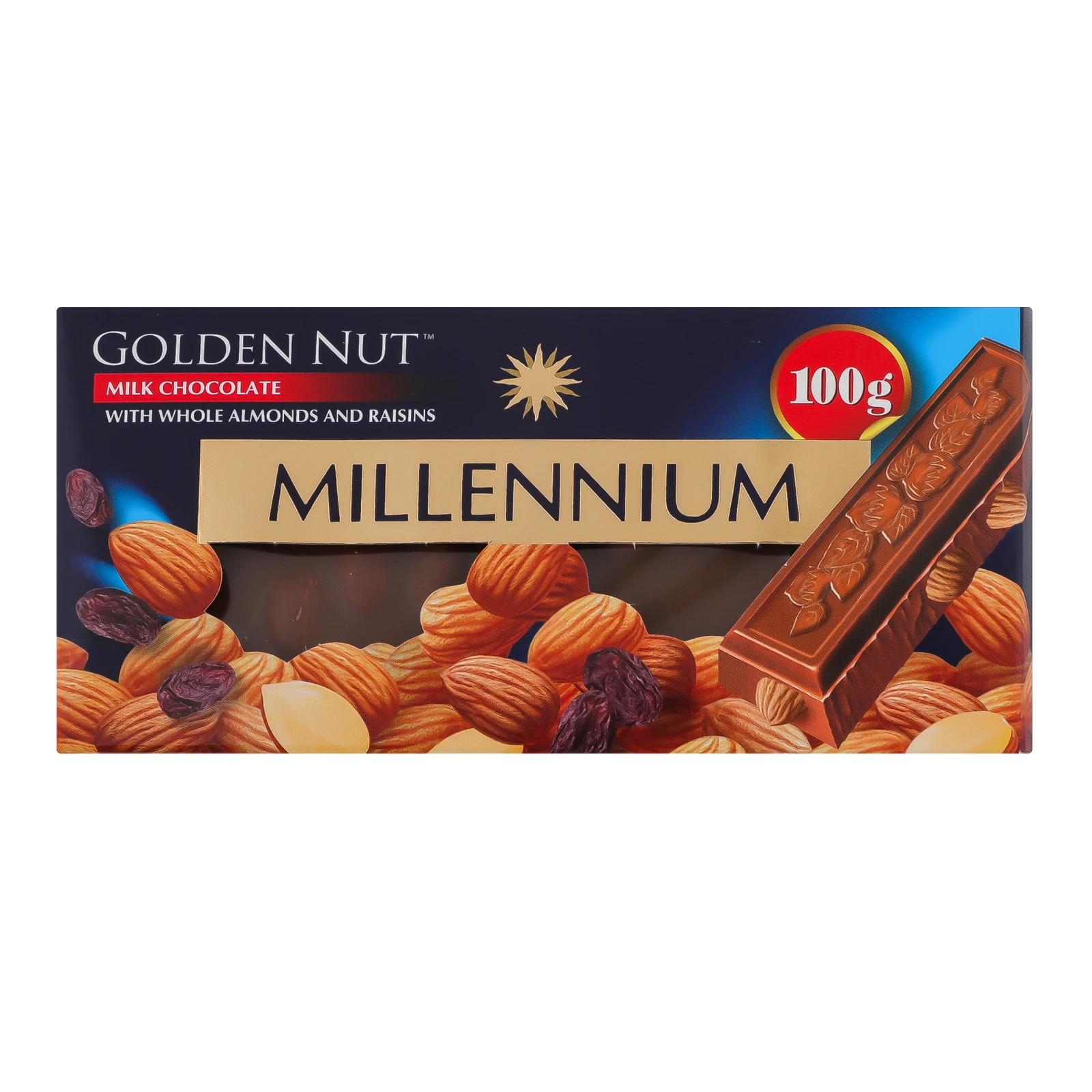 Шоколад Millennium Golden Nut молочний з цілим мигдалем та родзинками 100г Фото №:1