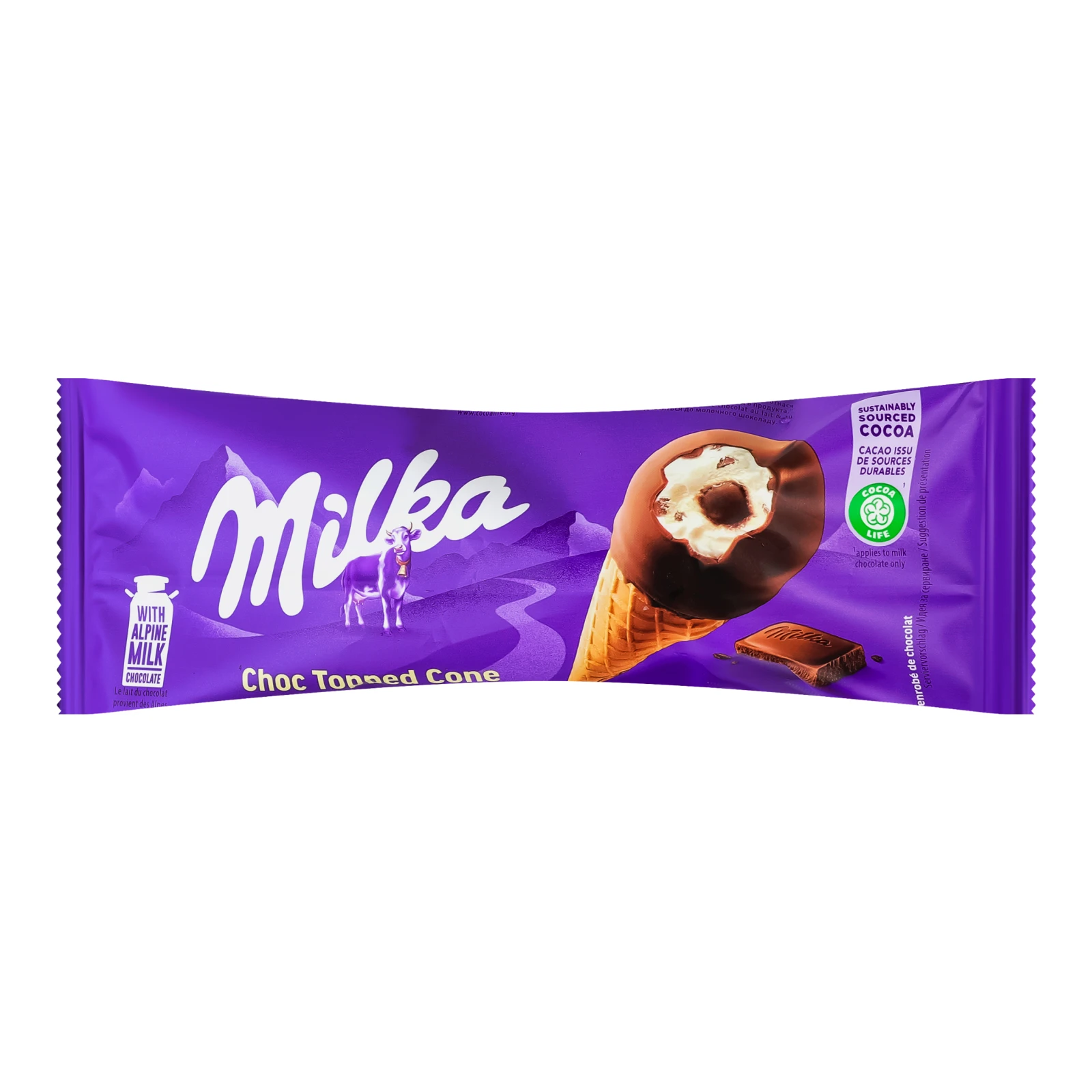 Морозиво Milka ванільне зі шматочками молочного шоколаду і соусом з молочного шоколаду у вафельному ріжку 69г Фото навігації №:1