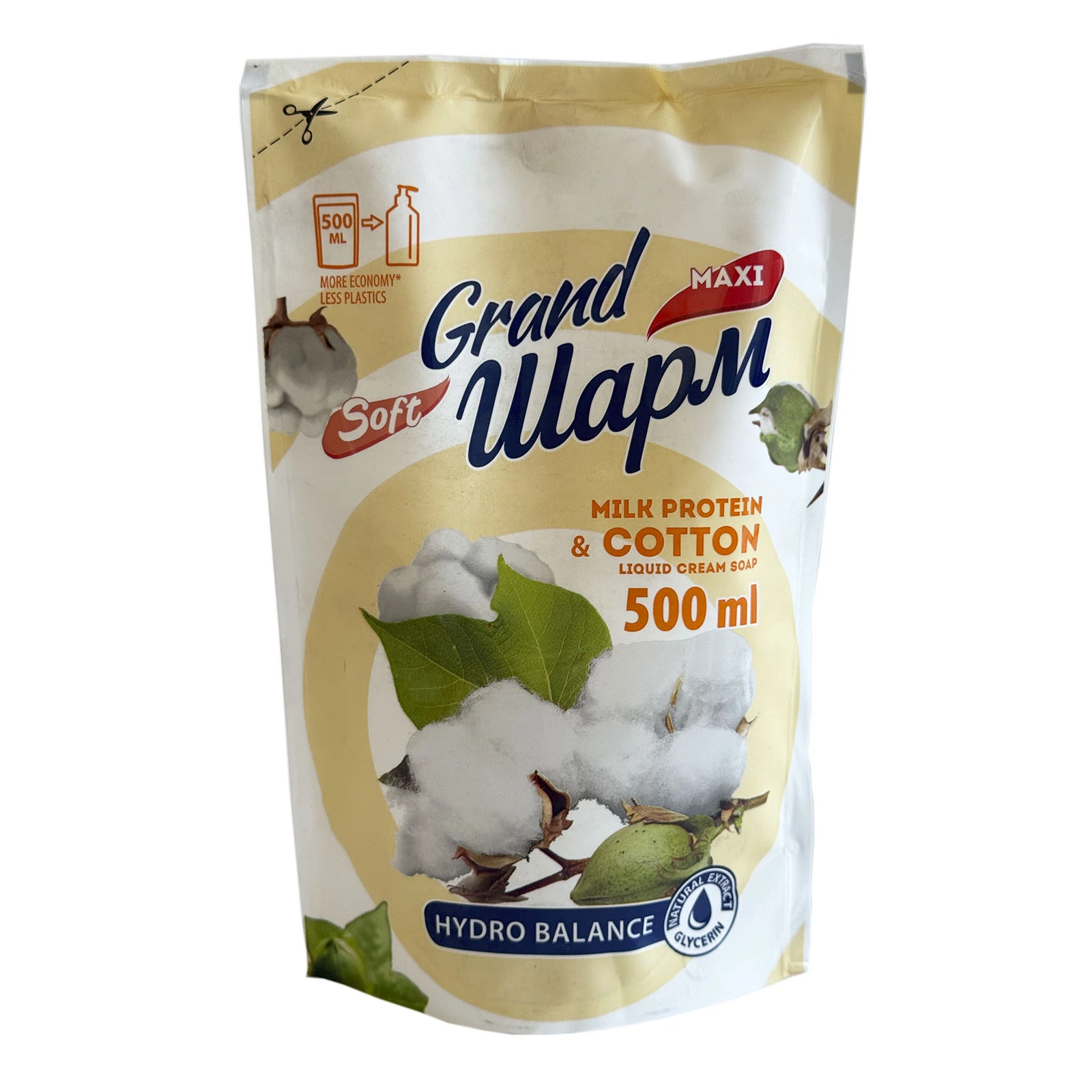 Крем-мило Grand Шарм Maxi рідке туалетне Молочний протеїн&Бавовна змінний блок 500мл Фото №:1