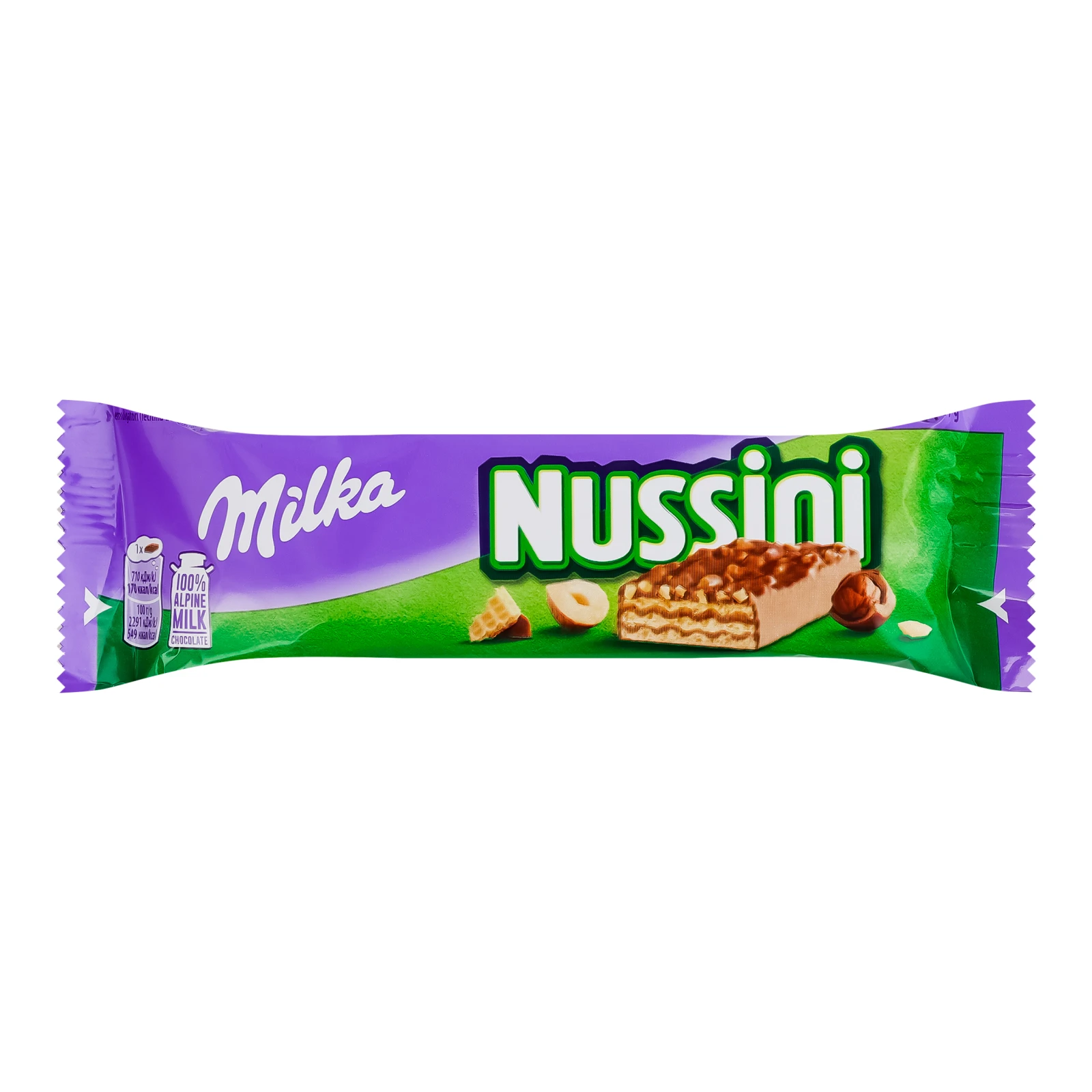 Вафлі Milka Nussini покриті молочним шоколадом, посипана подрібненим фундуком з начинкою з фундуком і какао 31г