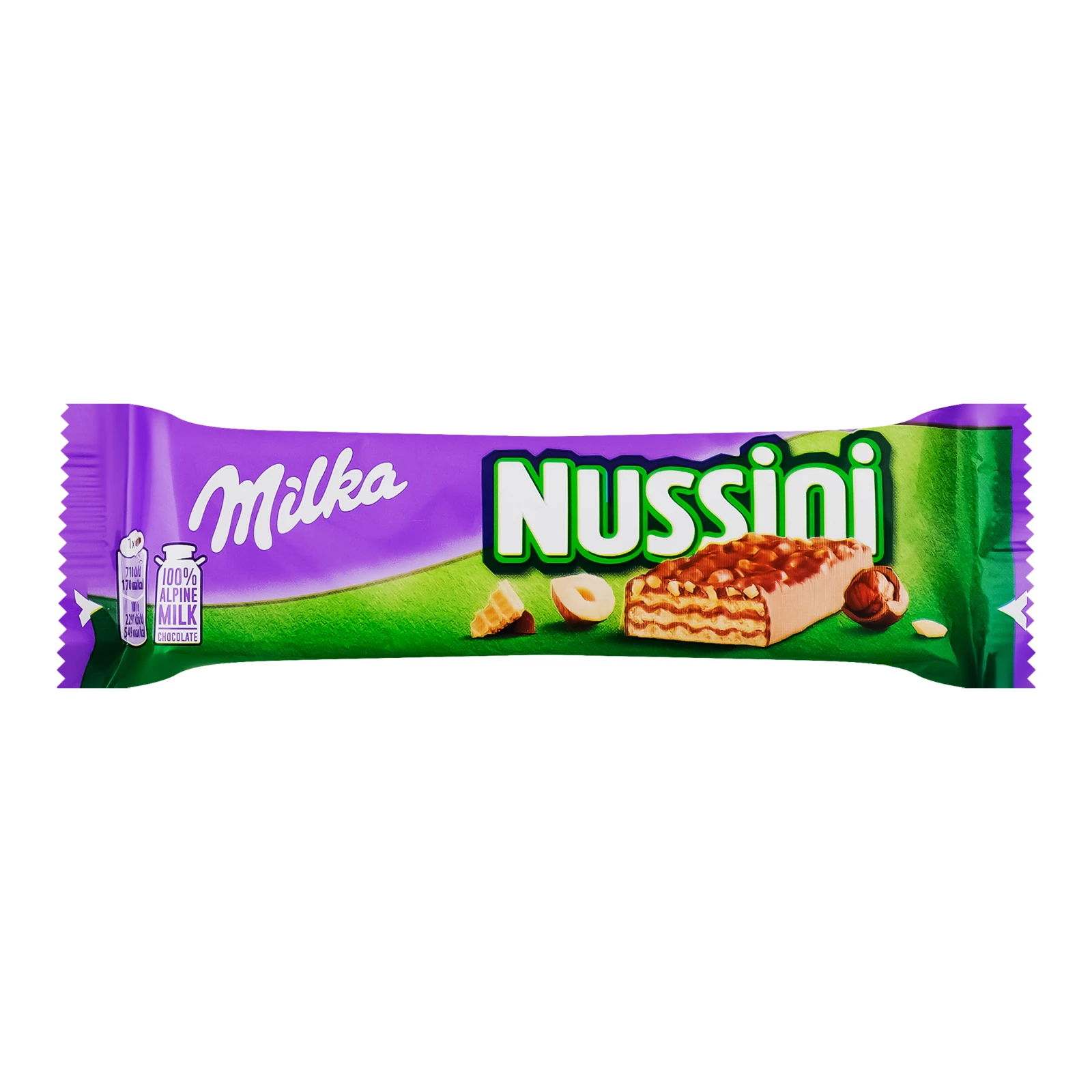 Вафля Milka Nussini з начинкою з фундуком і какао посипана подрібненим фундуком і покрита молочним шоколадом 31г Фото №:1