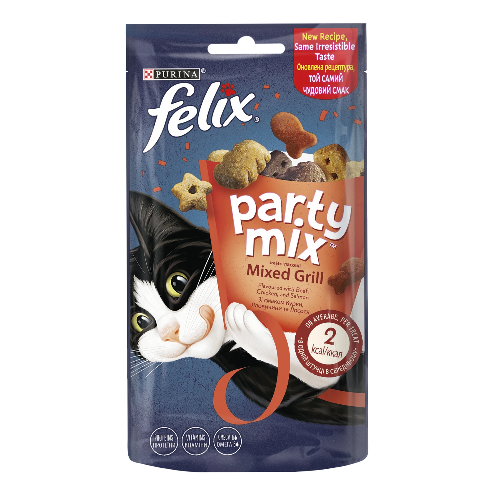 Корм для котів Felix Party mix Mixed grill сухий для дорослих котів зі смаком курки яловичини та лосося 60г Фото №:1