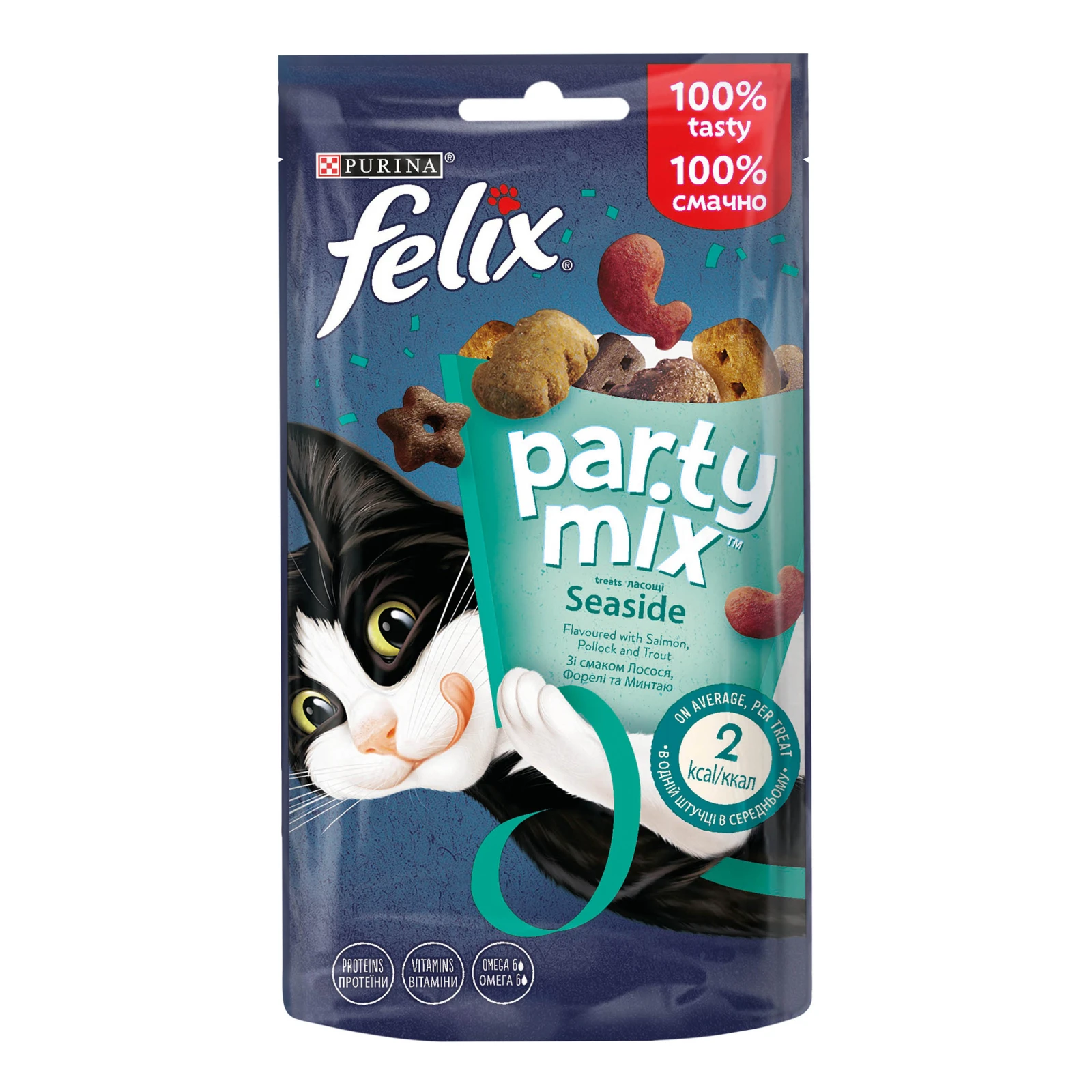 Корм для котів Felix Party mix Seaside сухий додатковий для дорослих зі смаком лосося, форелі та минтаю 60г Фото №:1