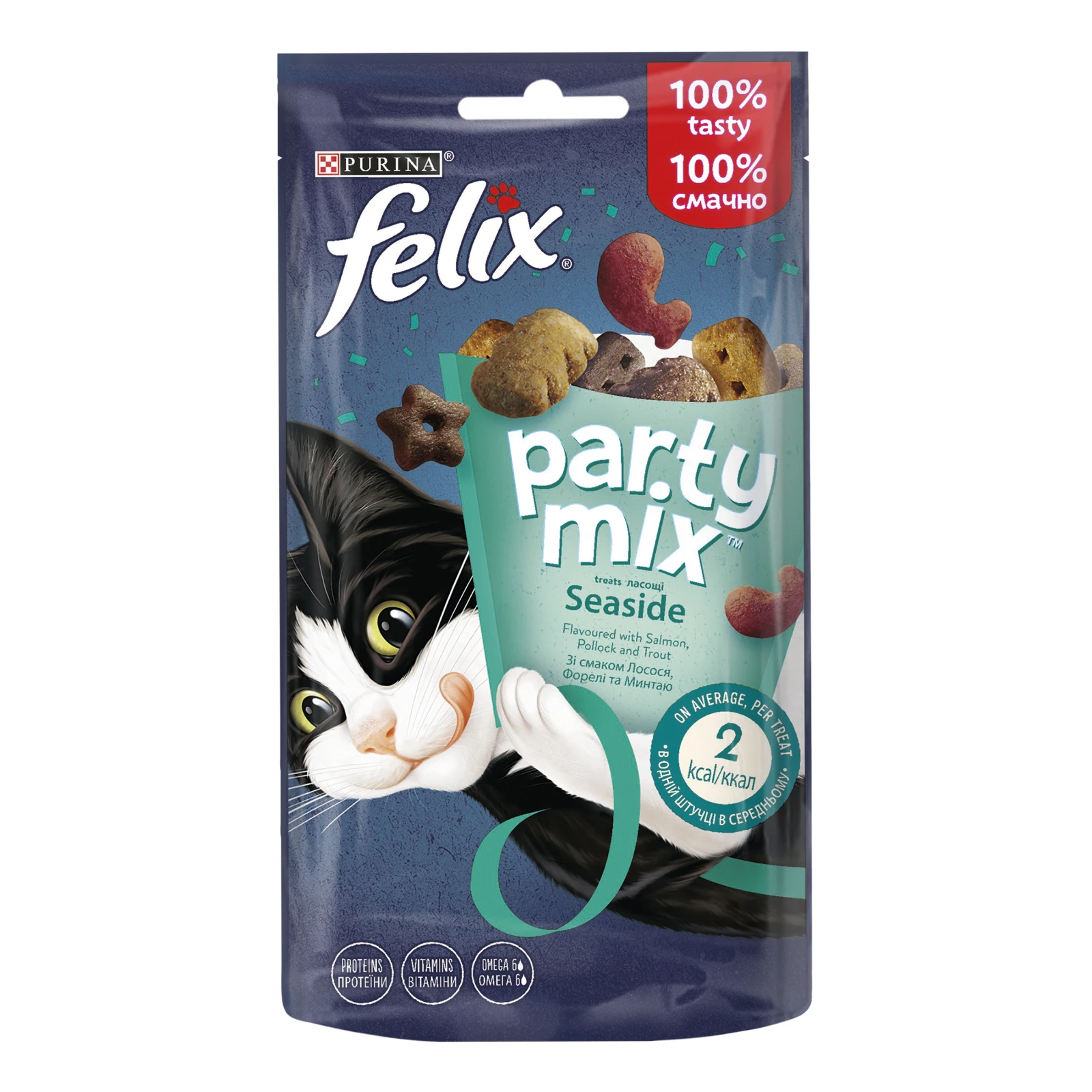 Корм сухий Felix Party mix Seaside зі смаком лосося форелі та минтаю для дорослих котів 60г Фото №:1