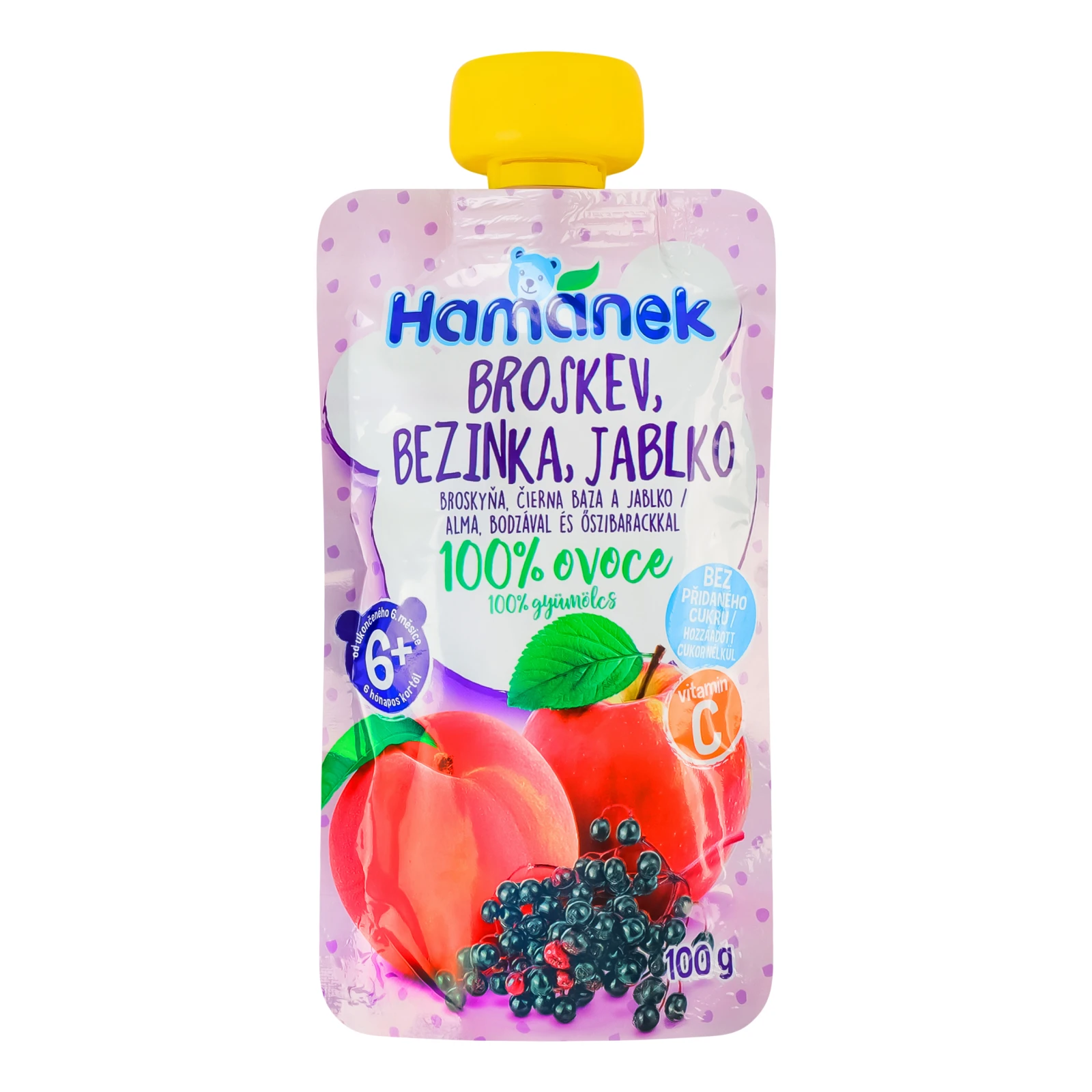 Пюре Hamanek фруктово-ягідне Яблуко з персиком та бузиною для дітей від 6-ти місяців 100г Фото №:1