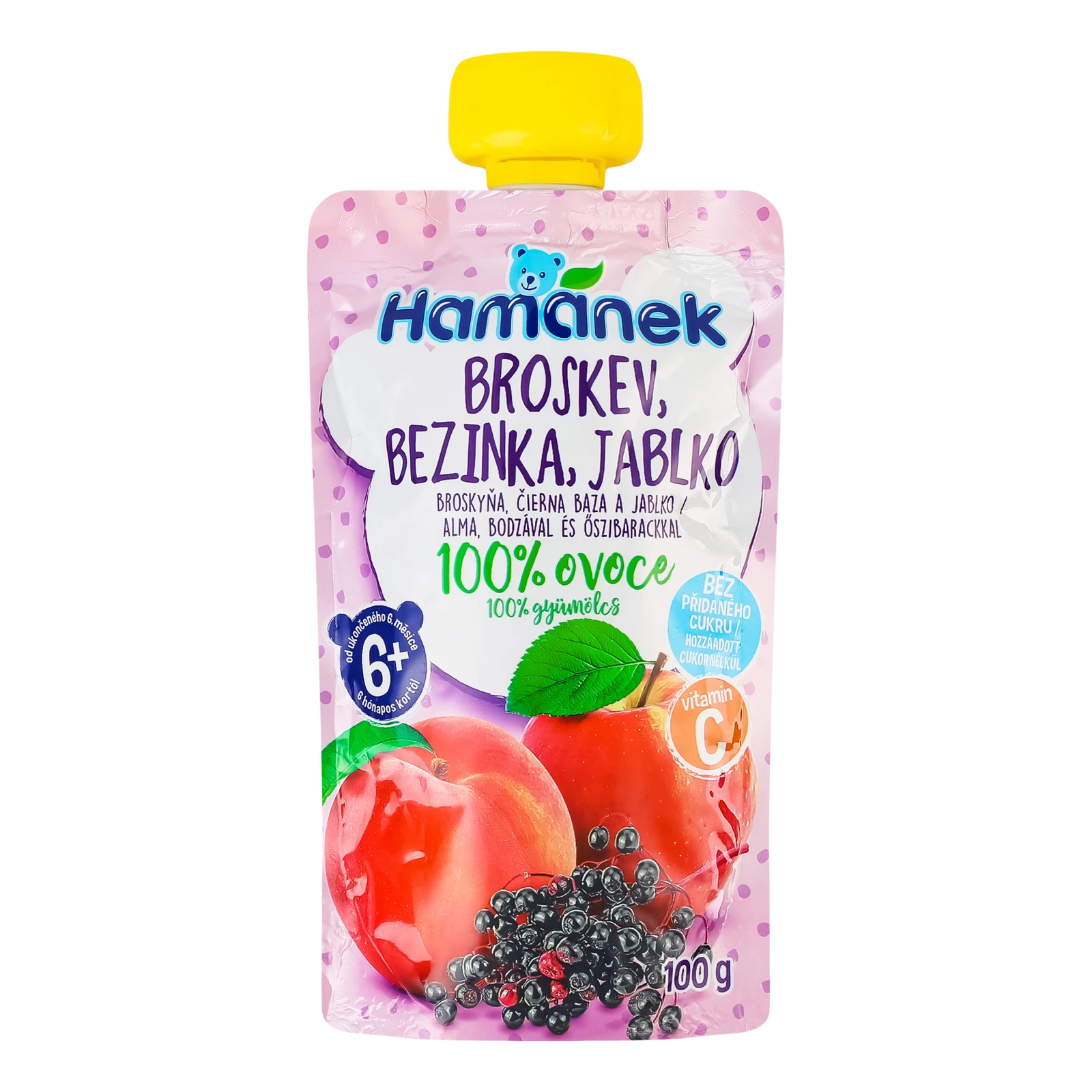 Пюре Hamanek фруктово-ягідне Яблуко з персиком та бузиною для дітей від 6-ти місяців 100г Фото №:1