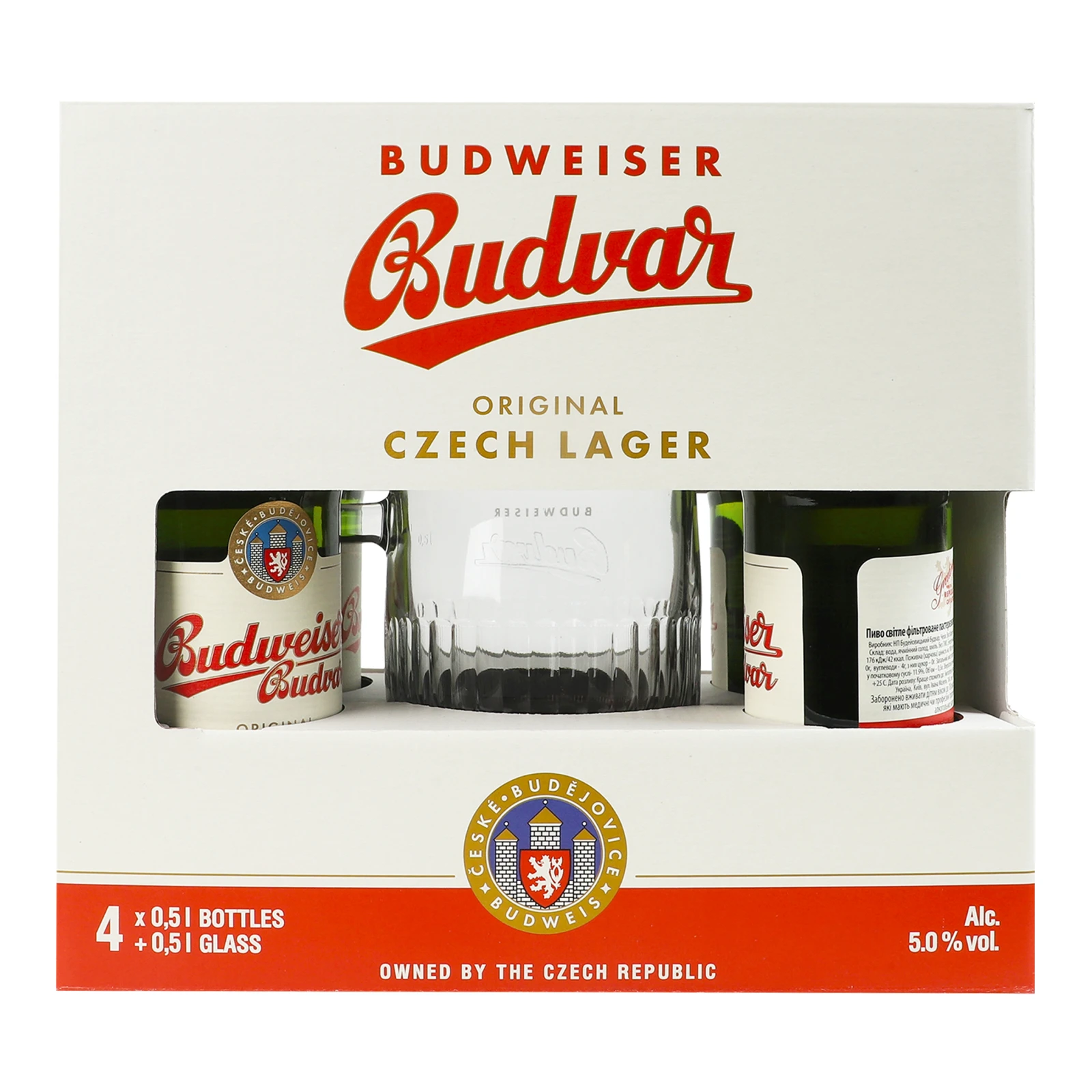 Набір пива Budweiser Budvar світле фільтроване пастеризоване 5% 4х0.5л + келих 0.5л фото 2
