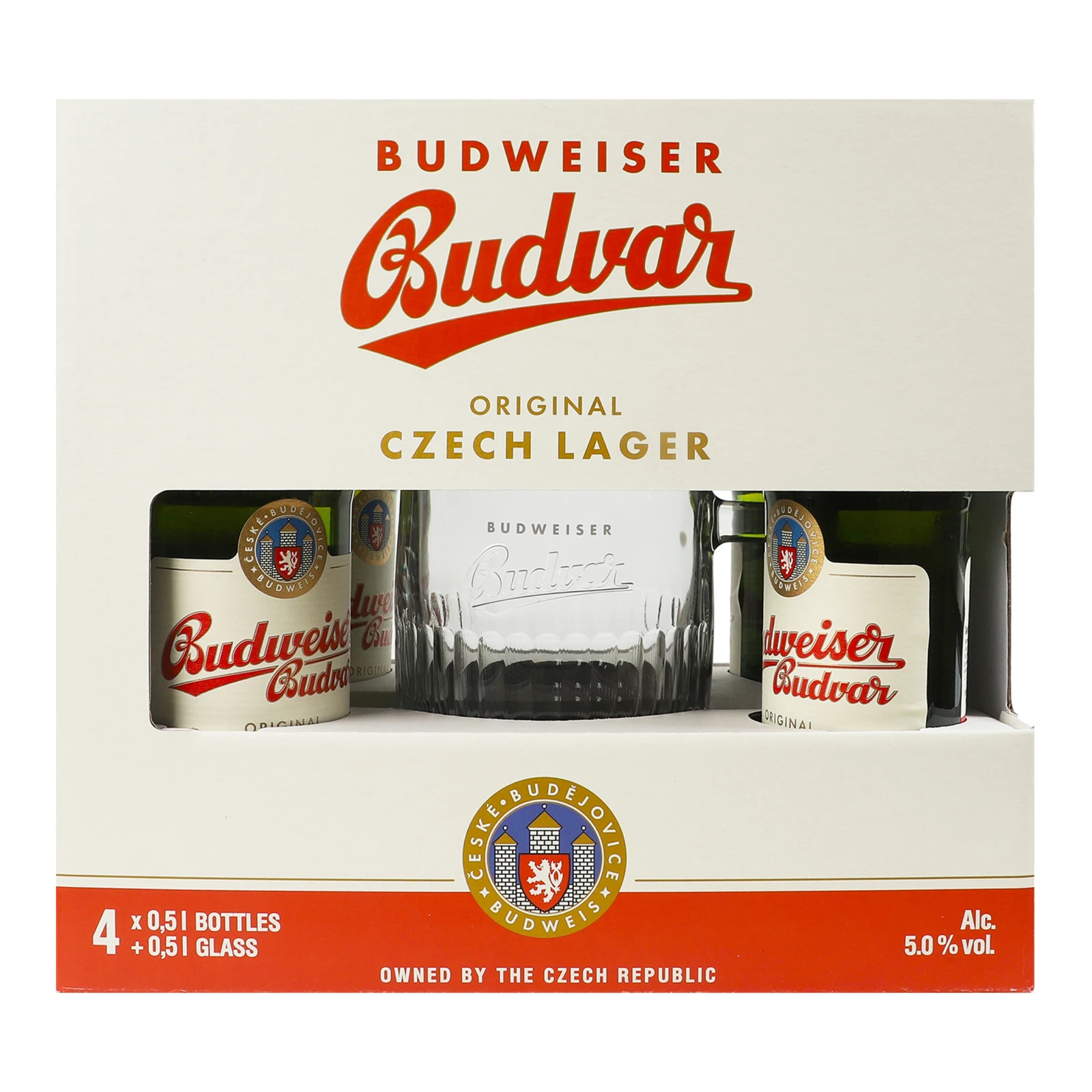 Набір пива Budweiser Budvar світле фільтроване пастеризоване 5% 4х0.5л + келих 0.5л
