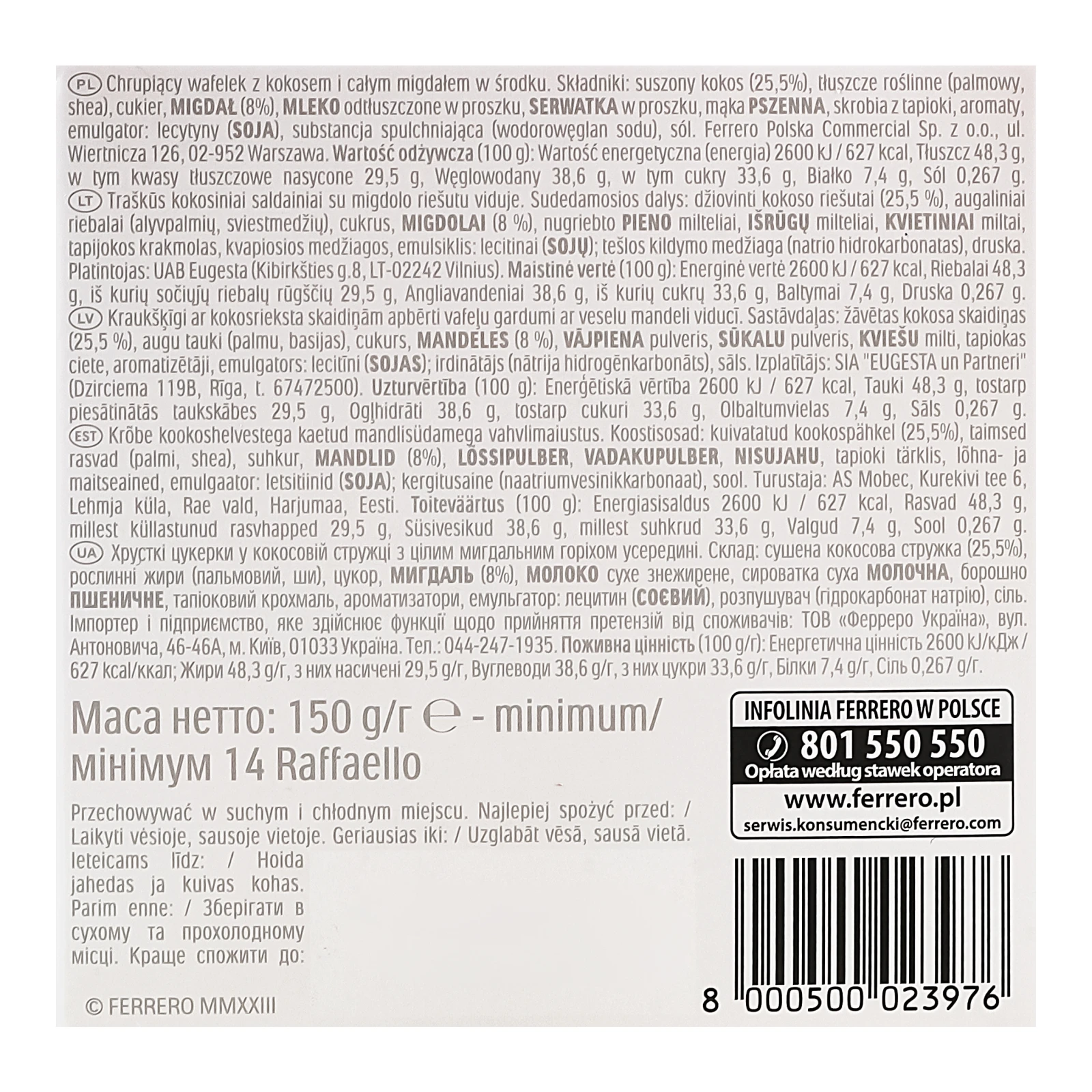 Цукерки Raffaello хрусткі у кокосовій стружці з цілим мигдальним горіхом 150г Фото №:2