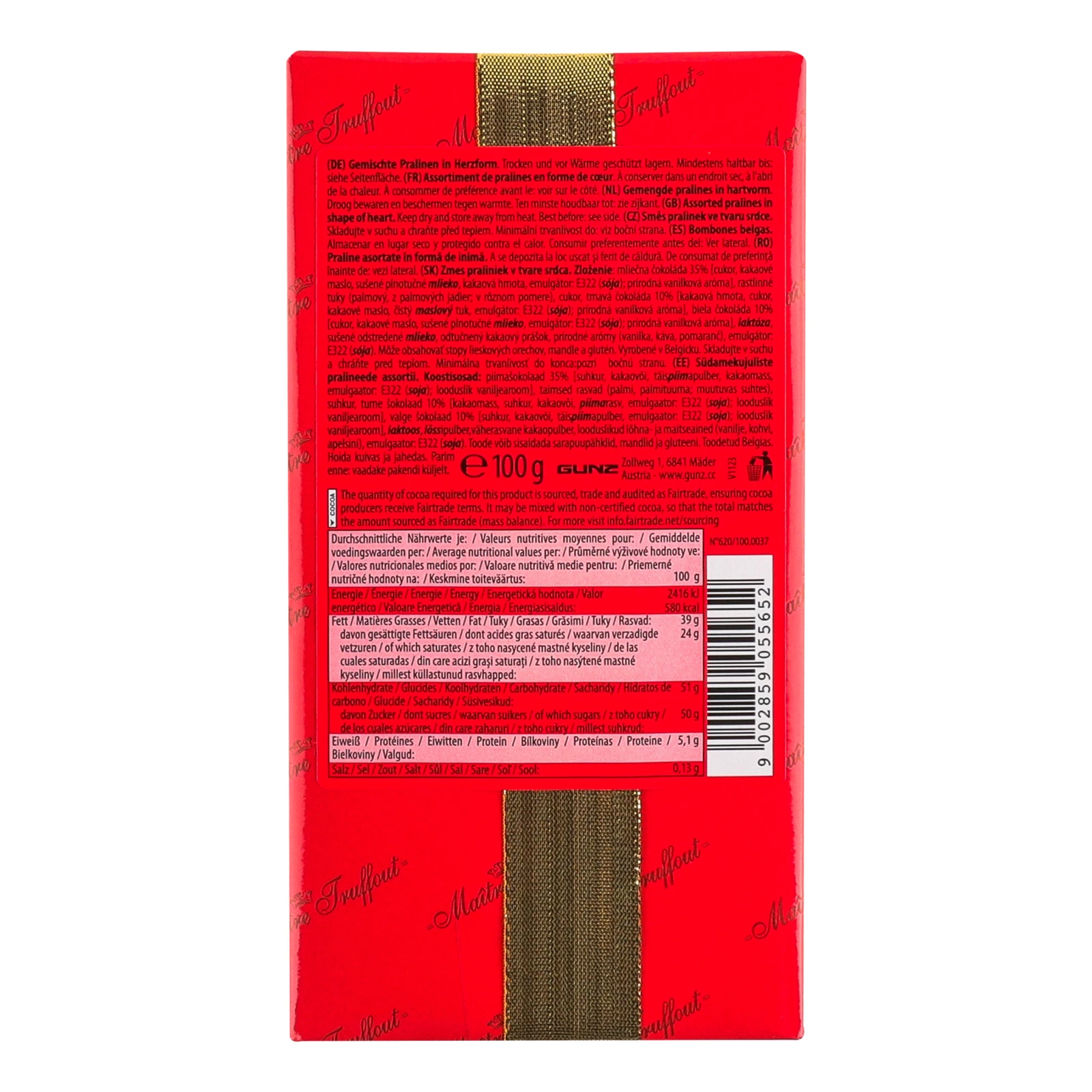 Цукерки Maitre Truffout бельгійські праліне асорті Серця червоні 100г Фото №:2