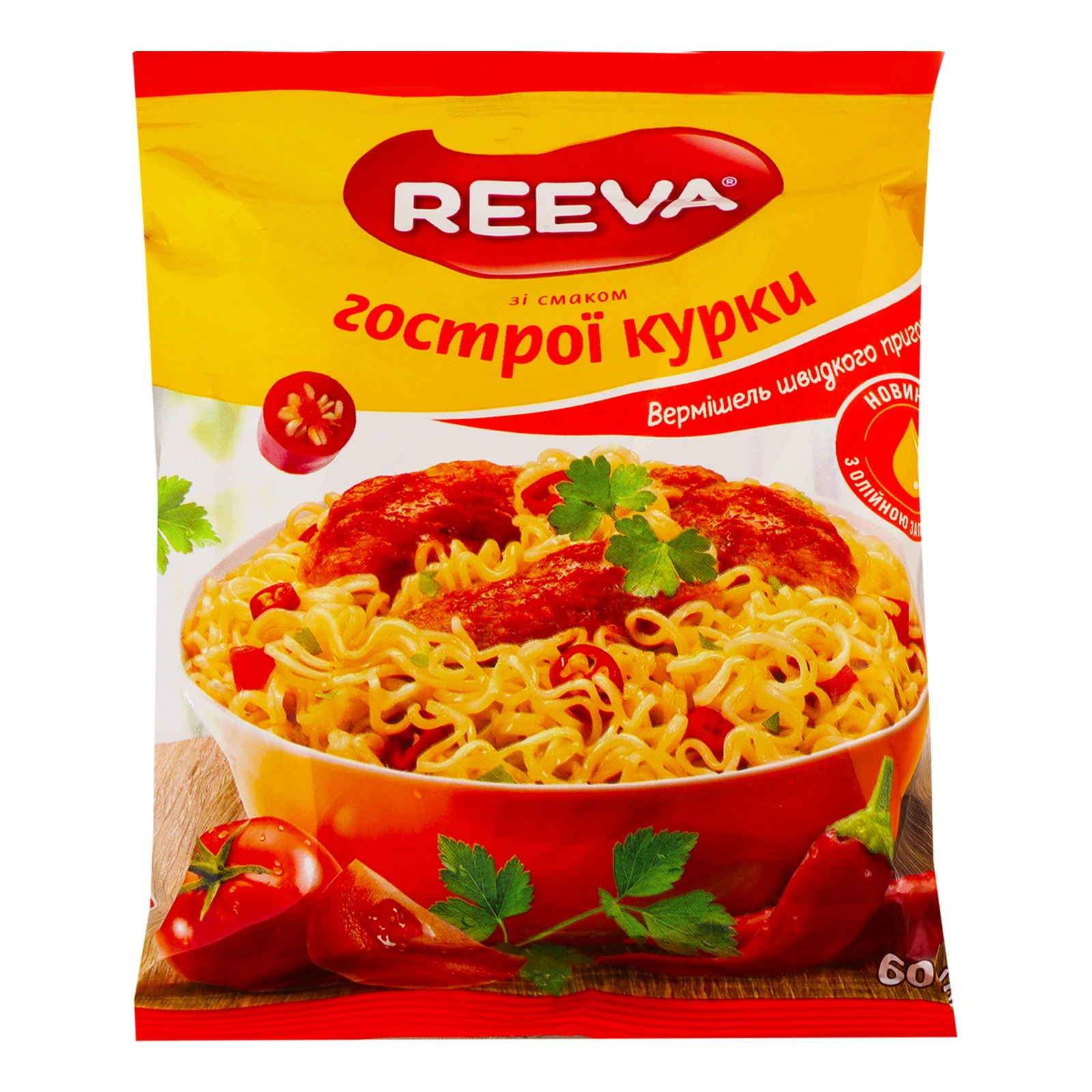 Вермішель Reeva швидкого приготування зі смаком гострої курки 60г Фото №:1