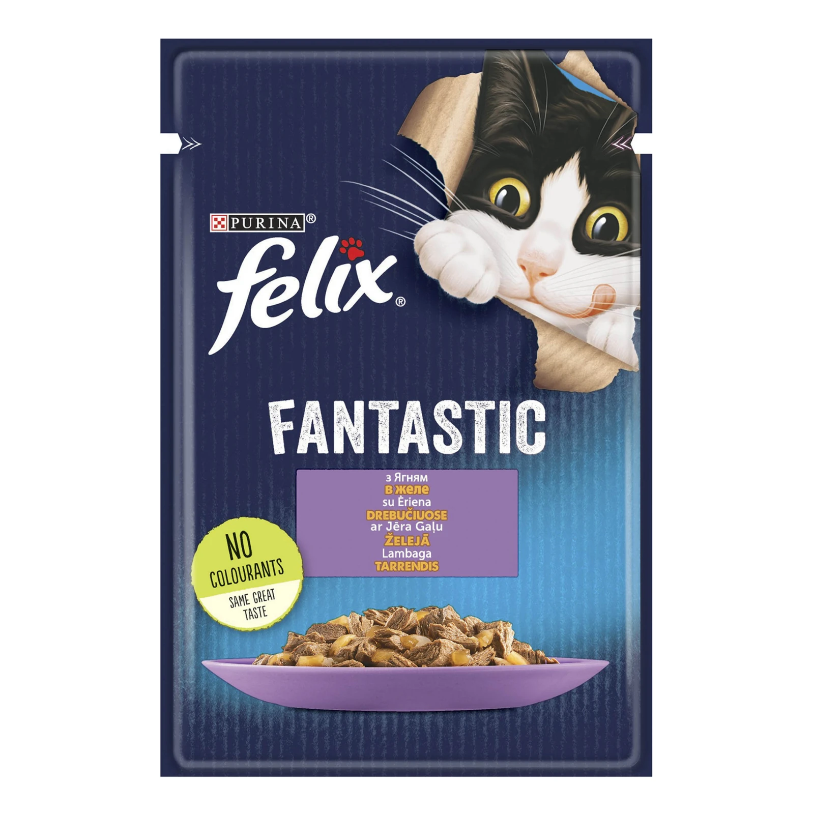 Корм для котів Felix Fantastic консервований повнораціонний для дорослих котів з ягням в желе 85г Фото навігації №:1