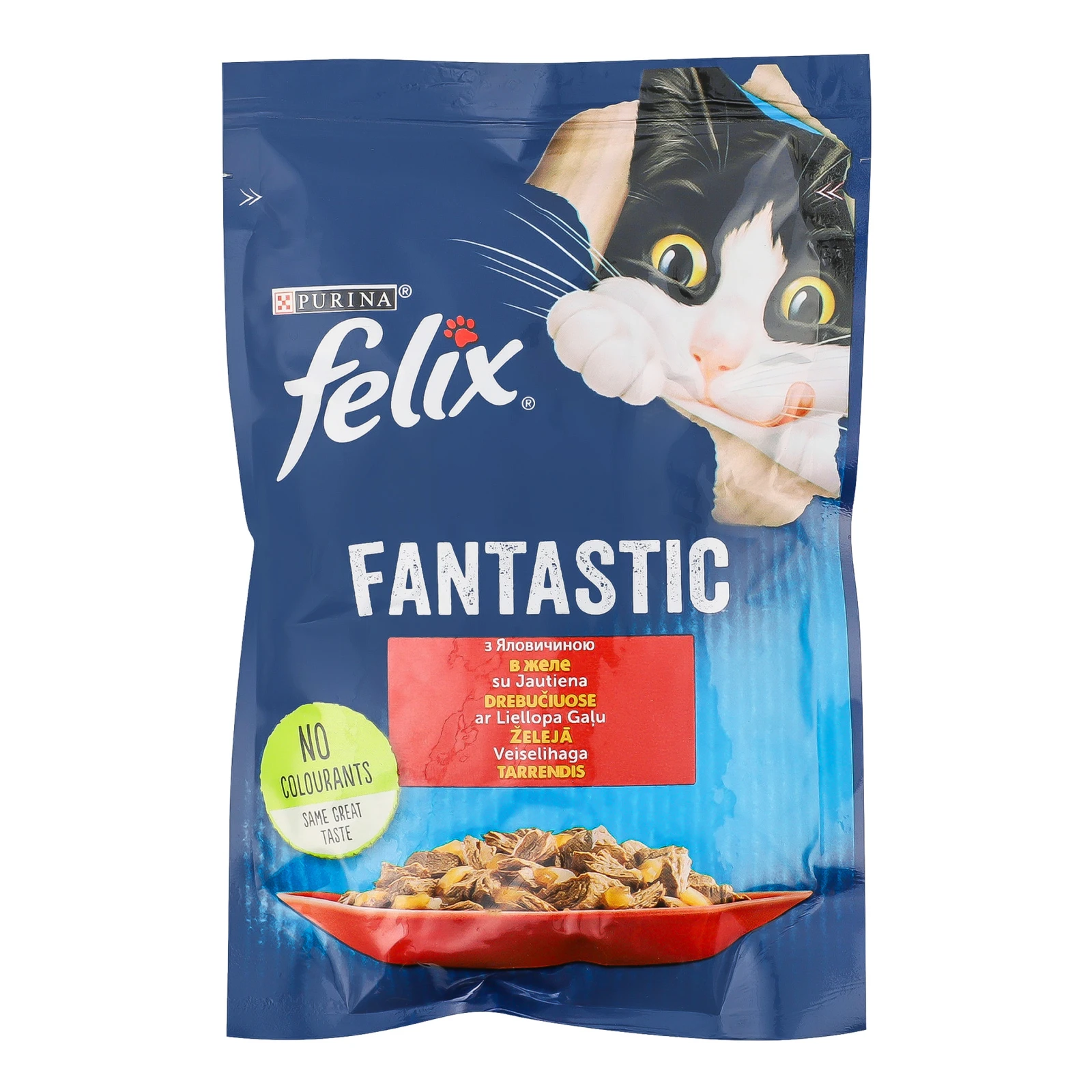 Корм для котів Felix Fantastic консервований повнораціонний для дорослих котів з яловичиною в желе 85г Фото навігації №:1