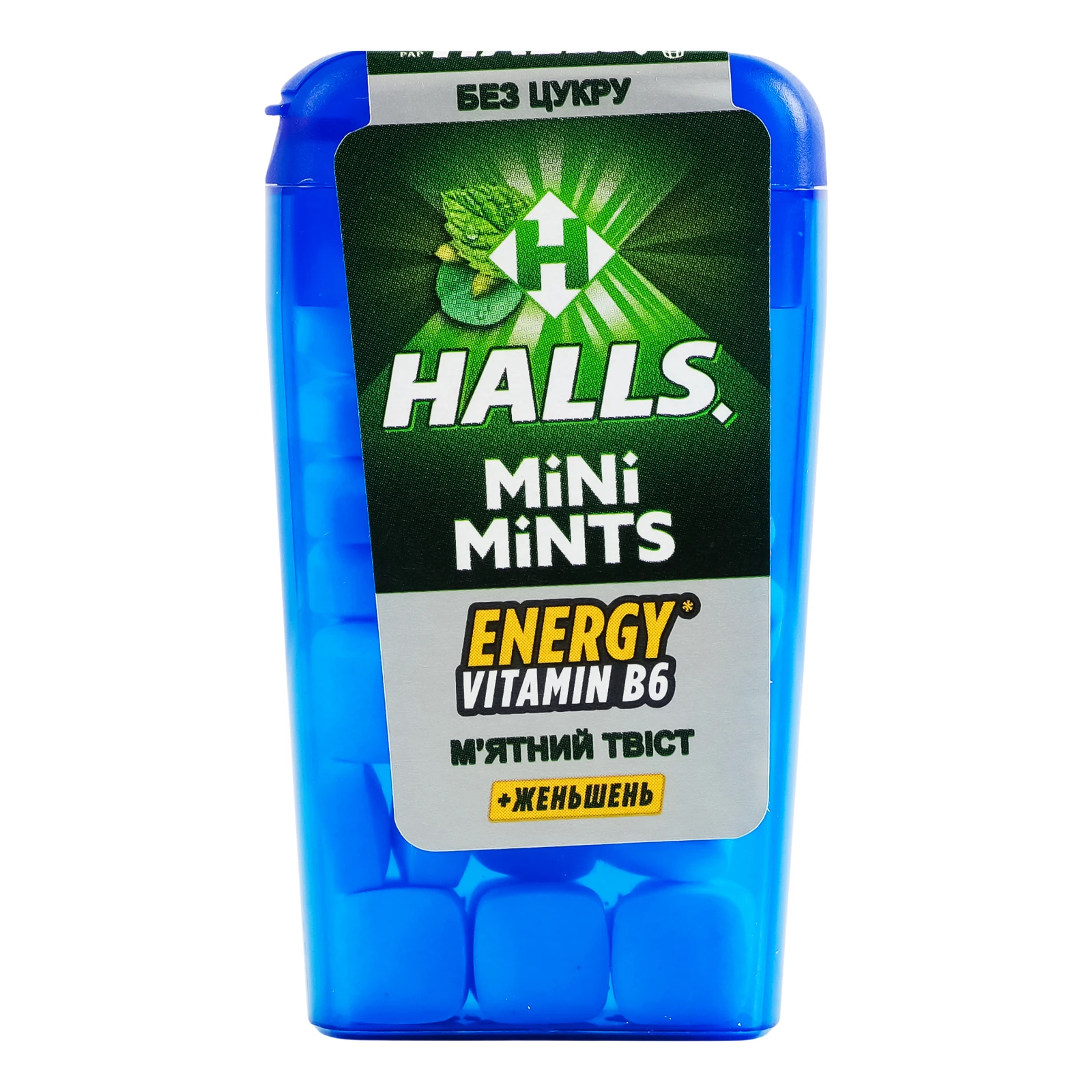 Цукерки Halls Mini Mints Energy з вітаміном B6 без цукру М'ятний твіст +женьшень 12.5г Фото №:1