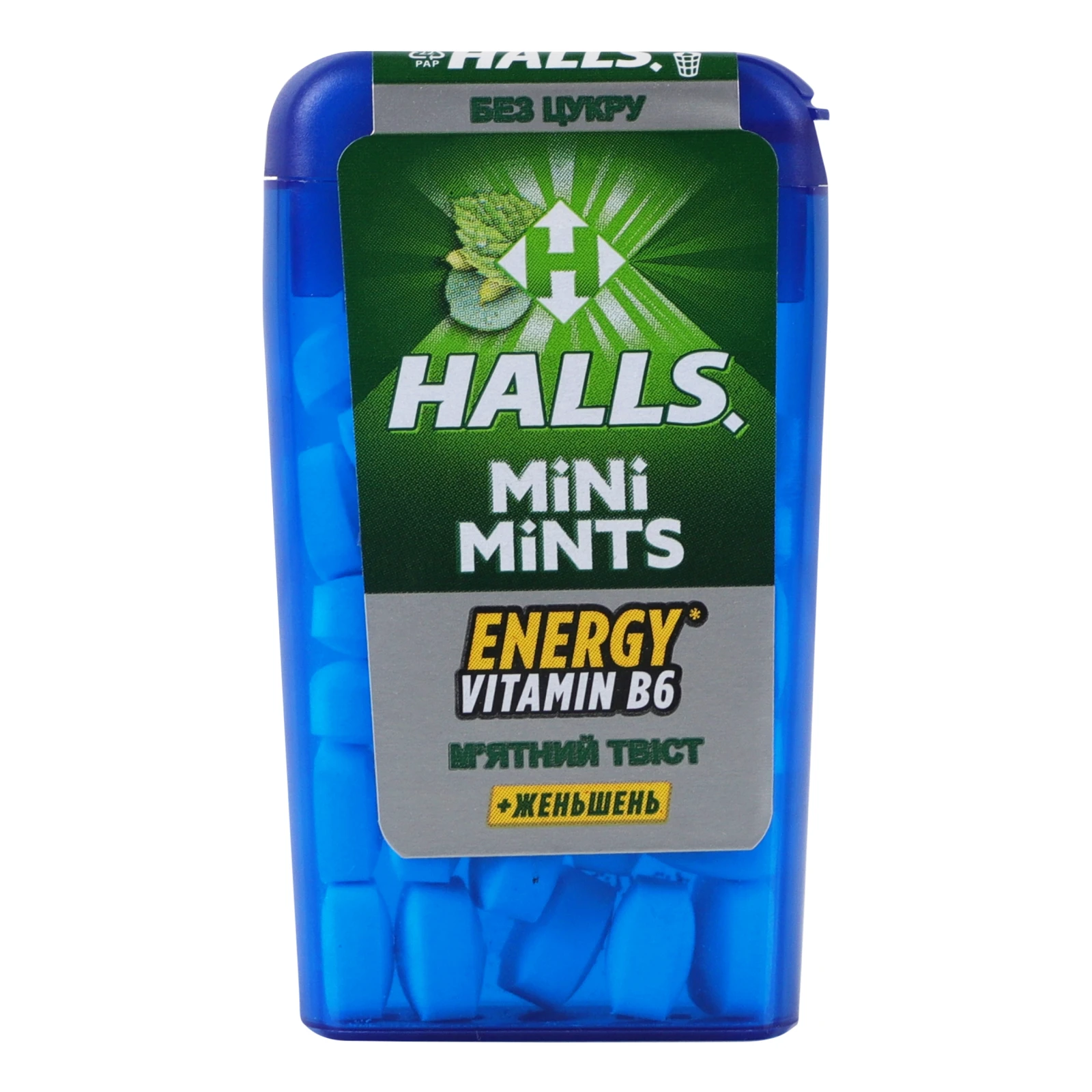 Цукерки Halls Mini Mints М'ятний твіст +женьшень без цукру 12.5г Фото №:1