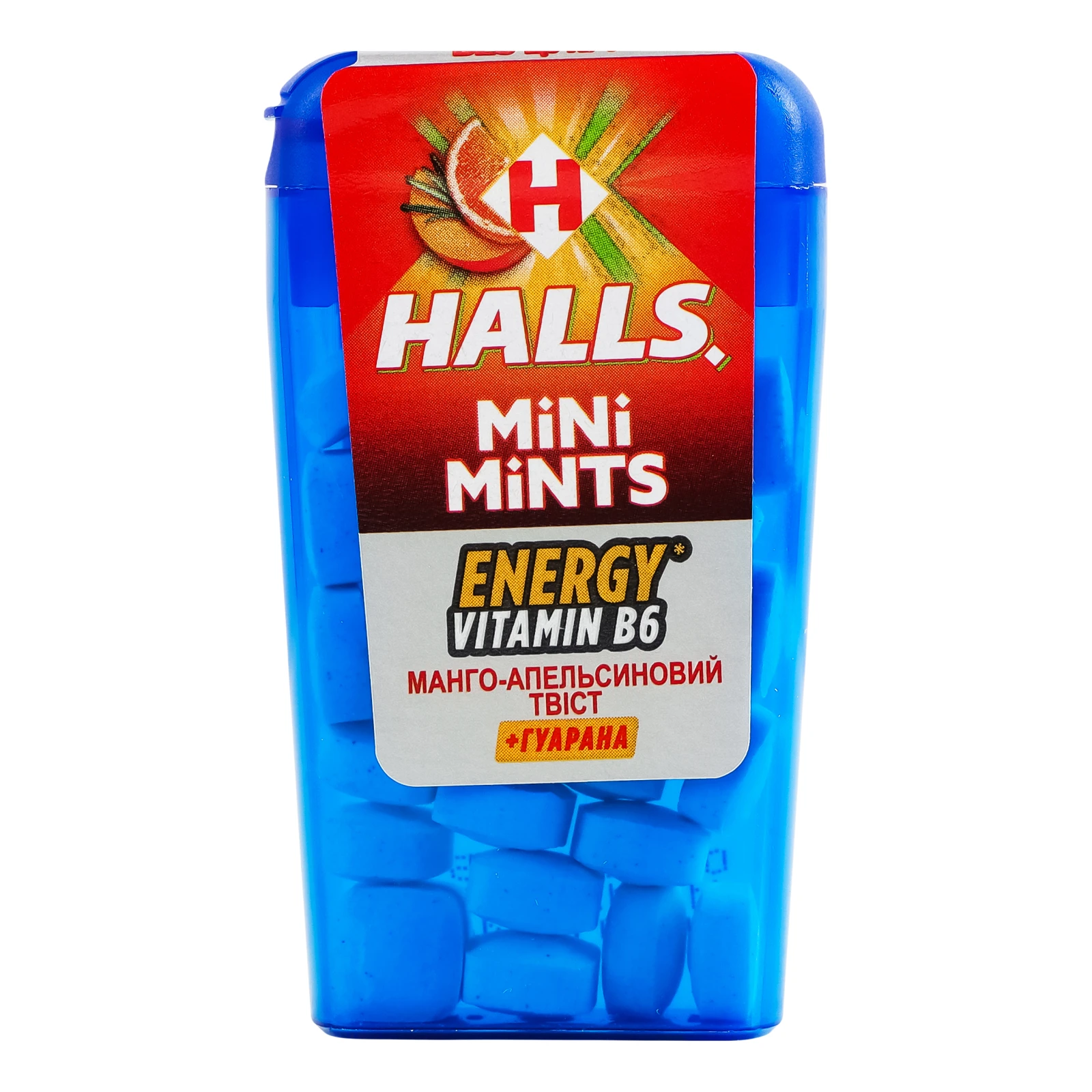 Цукерки Halls Mini Mints Energy з вітаміном B6 без цукру Манго-апельстновий твіст +гуарана 12.5г Фото №:1