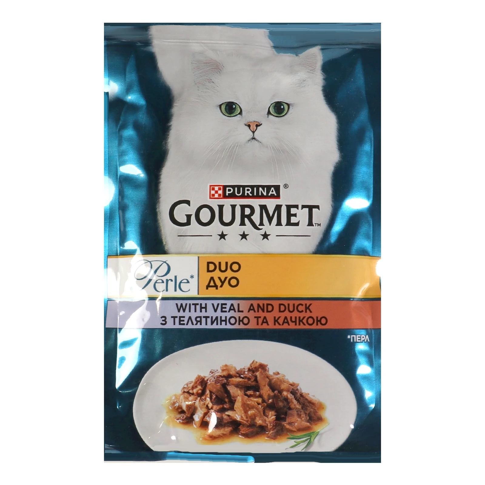Корм консервований Gourmet Perle Duo З телятиною та качкою повнораціонний для дорослих котів 85г Фото №:1
