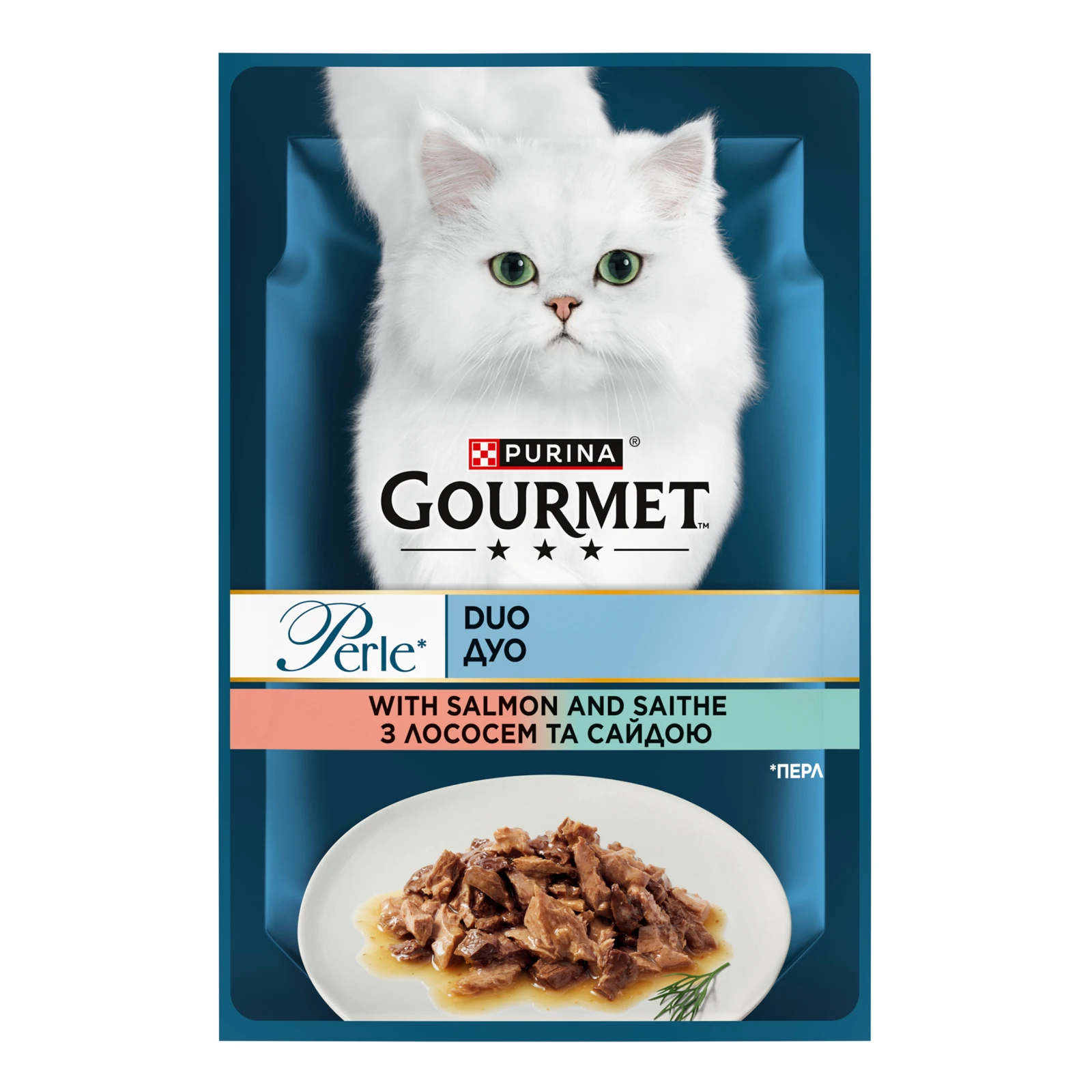 Корм для котів Gourmet консервований Perle Duo повнораціонний для дорослих котів з лососем та сайдою у підливці 85г Фото №:1