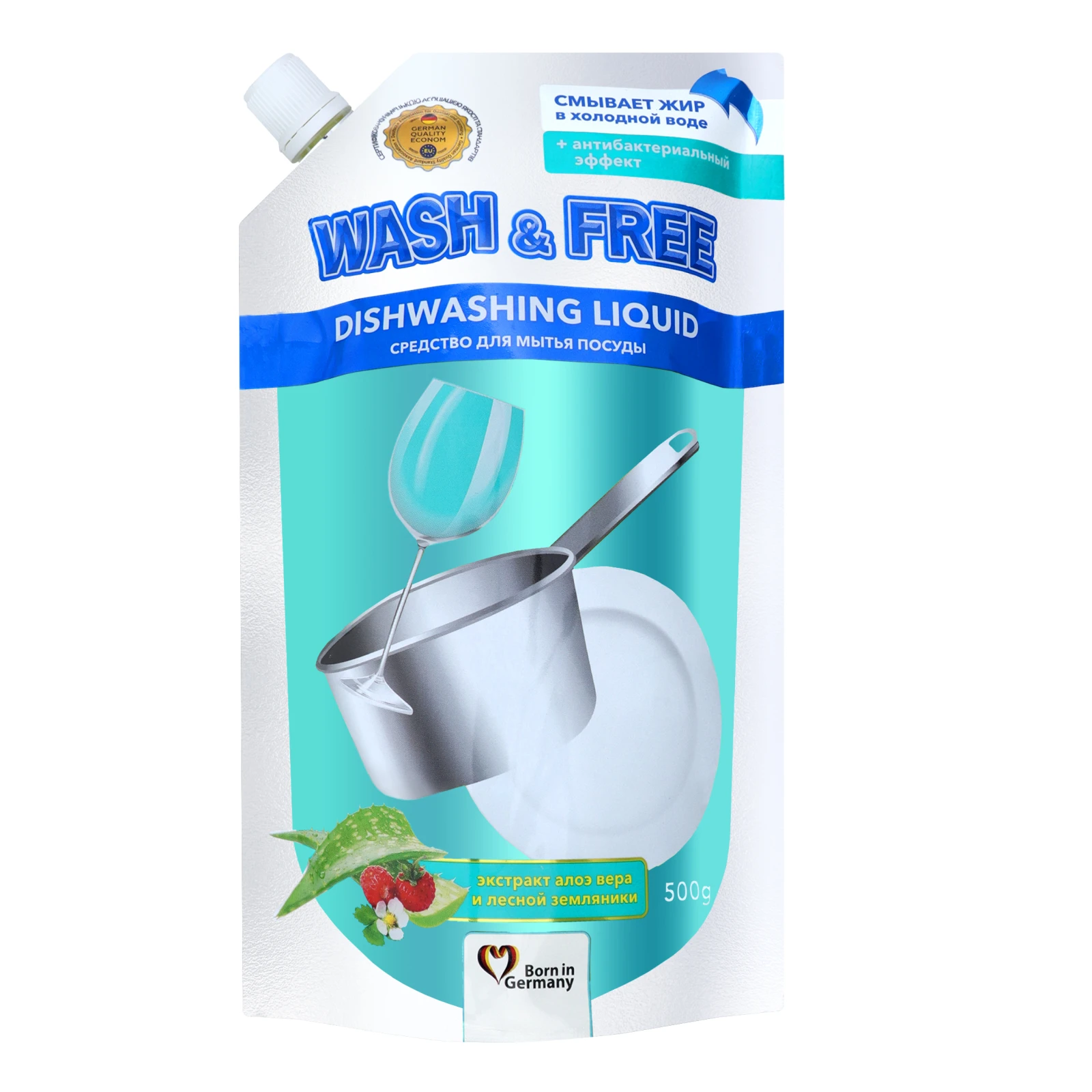 Засіб для миття Wash&Free для посуду Екстракт алое вера і лісової суниці 500г Фото навігації №:1