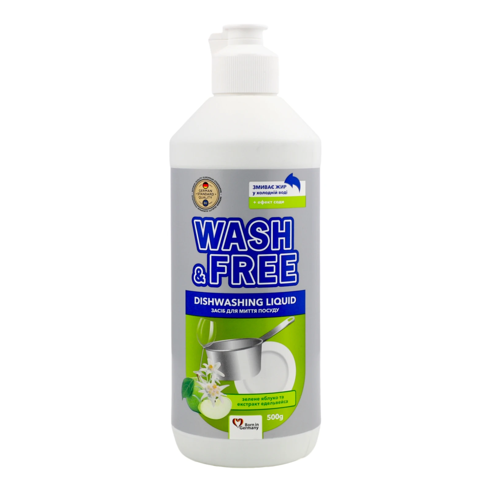 Засіб для миття посуду Wash&Free з зеленим яблуком та екстрактом едельвейса 500г