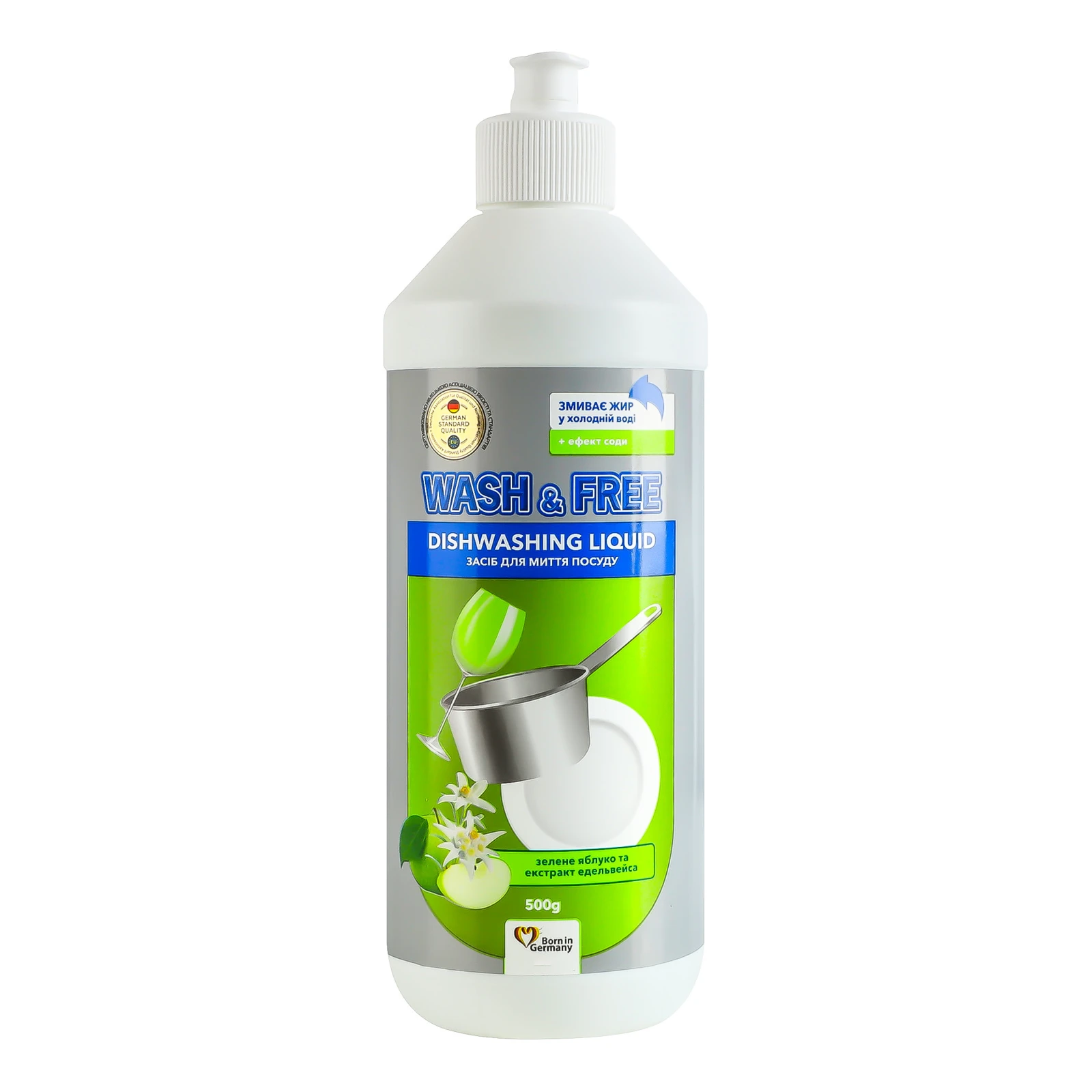 Засіб для миття посуду Wash&Free з зеленим яблуком та екстрактом едельвейса 500г Фото №:1